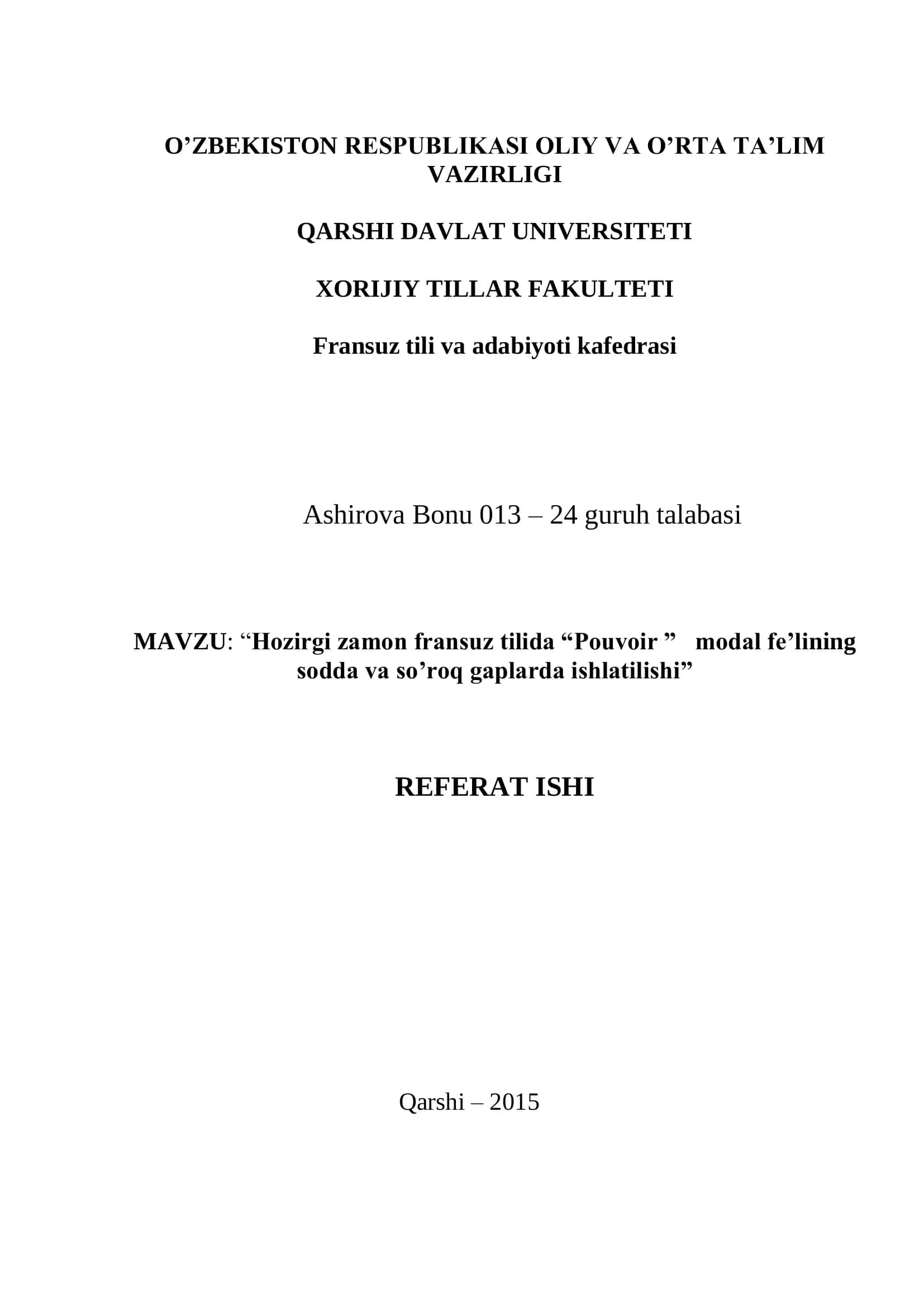“Pouvoir” modal fe’lining sodda va so’roq gaplarda ishlatilishi