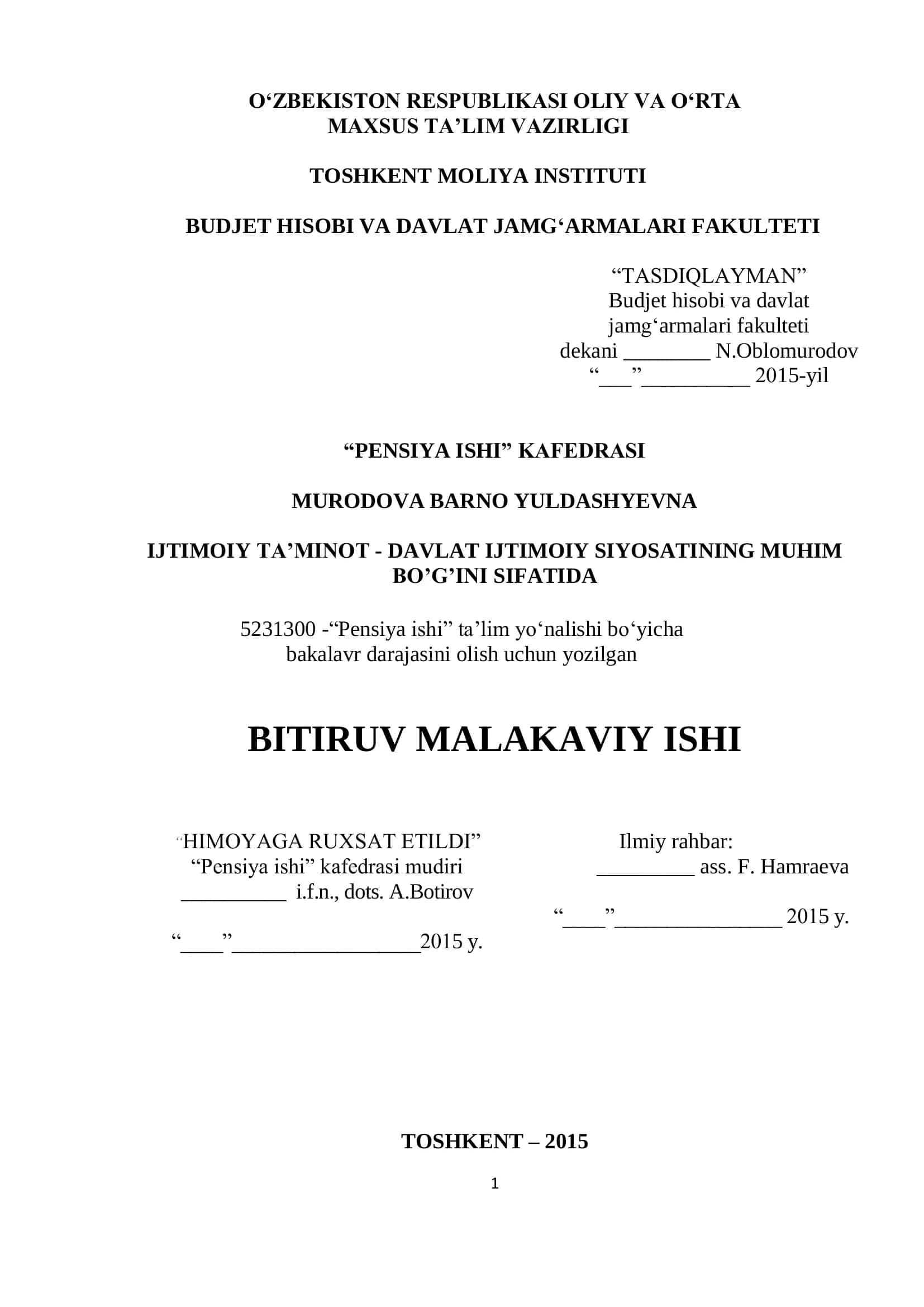 Pensiya Ishi Bitiruv Malakaviy Ishi