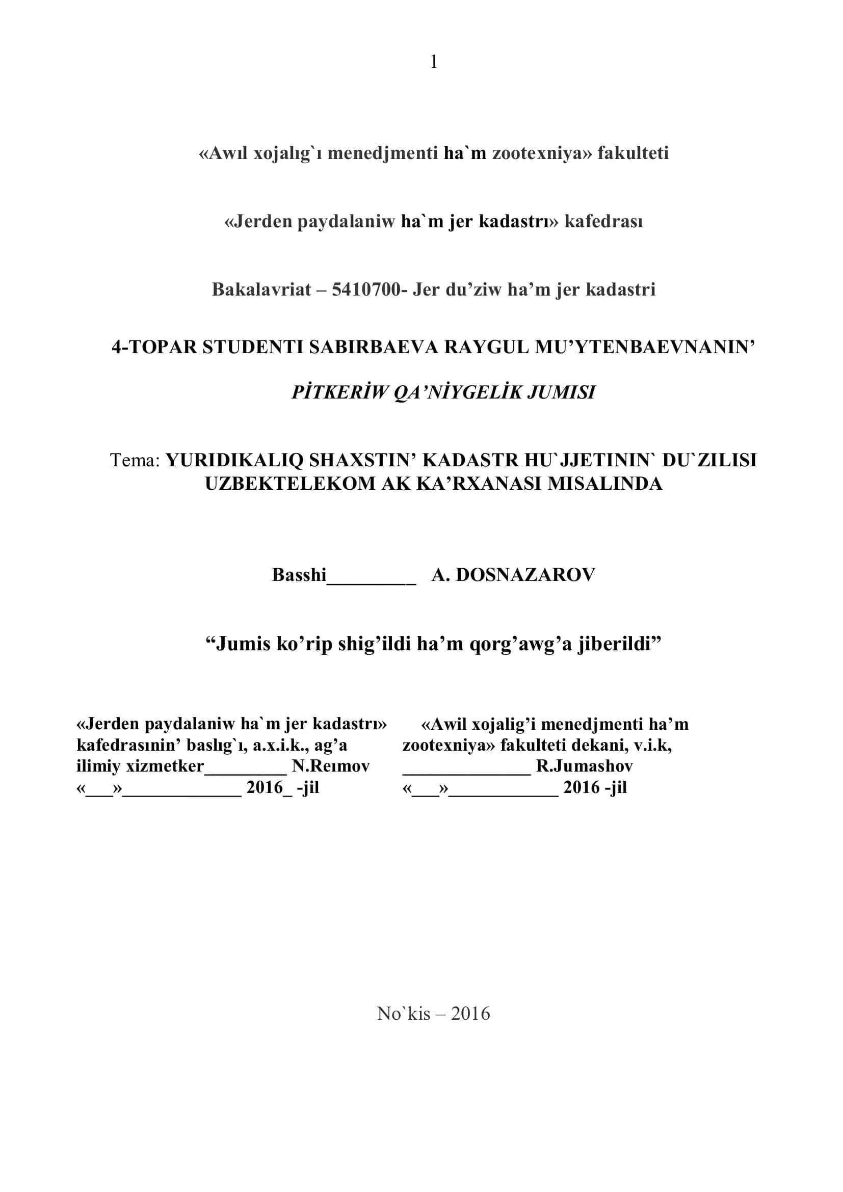 I BAP. KADASTR HUJJETLERIN TAYARLAW USHIN NORMATIV HU`JJETLER