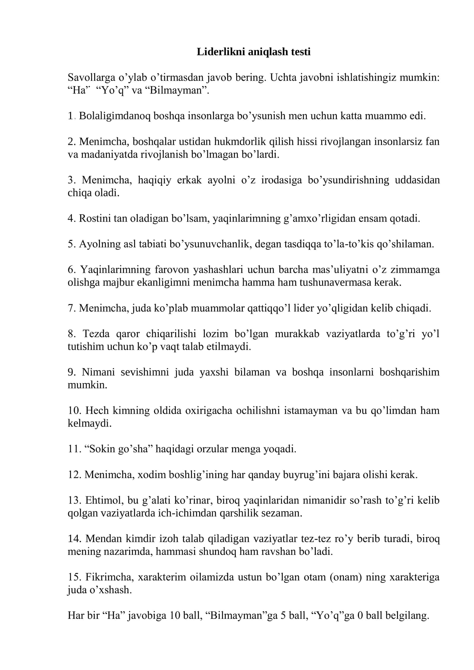Liderlikni aniqlash testi (javoblari bilan)