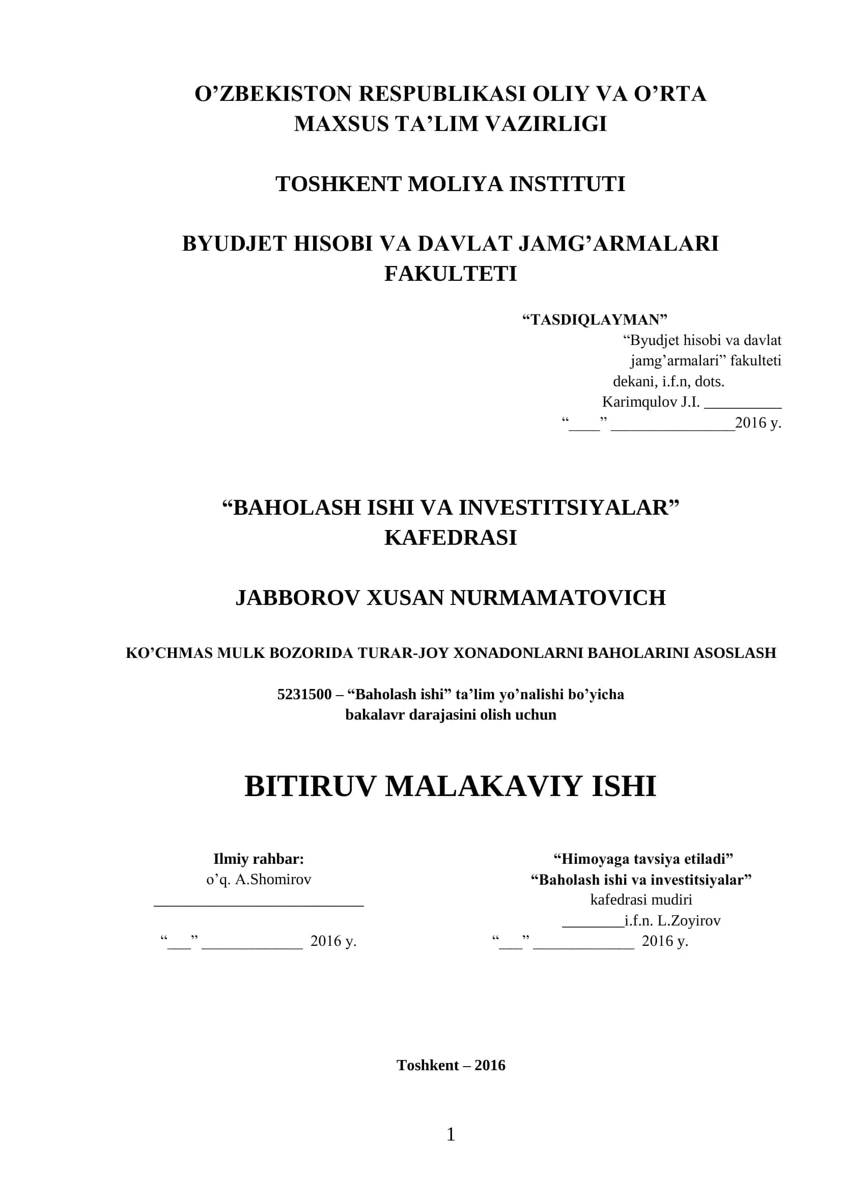 Baholash ishi va investitsiyalar
