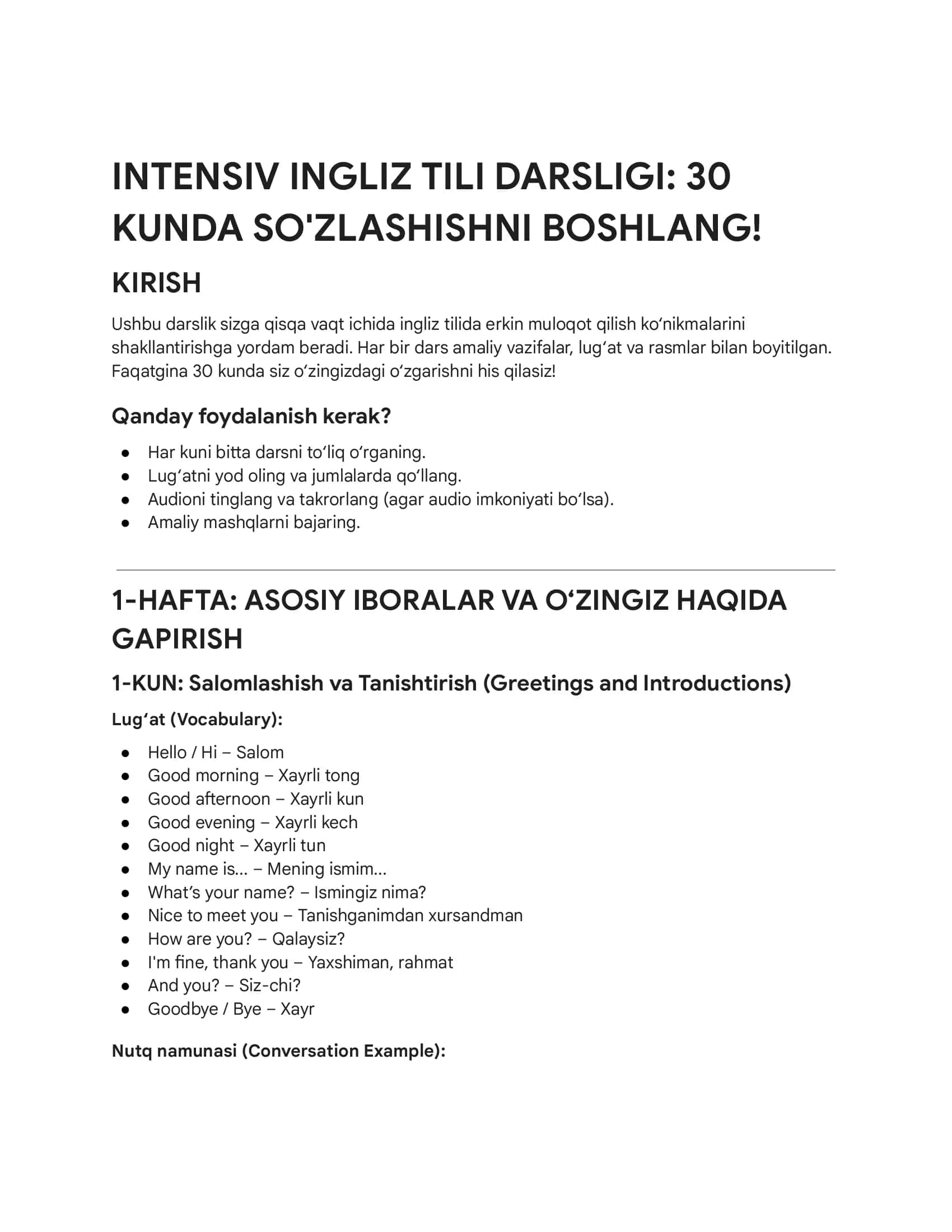 INTENSIV INGLIZ TILI DARSLIGI: 30 KUNDA SO'ZLASHISHNI BOSHLANG!