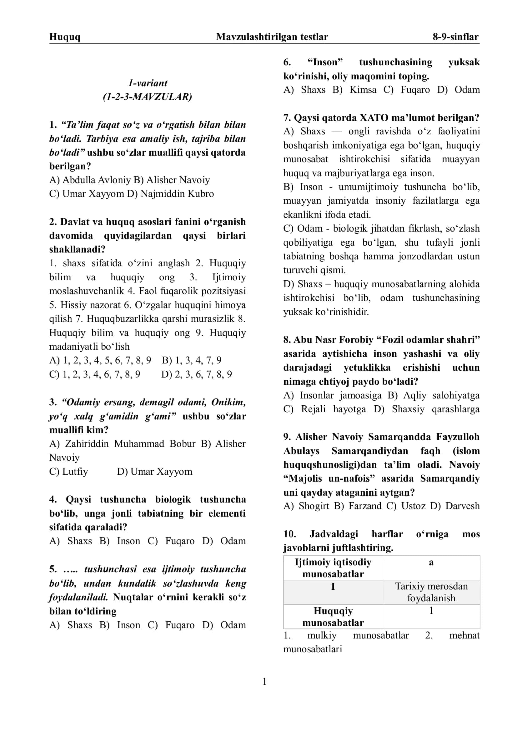 8-sinf davlat va huquq asoslari fanidan mavzulashtirilgan test to'plami