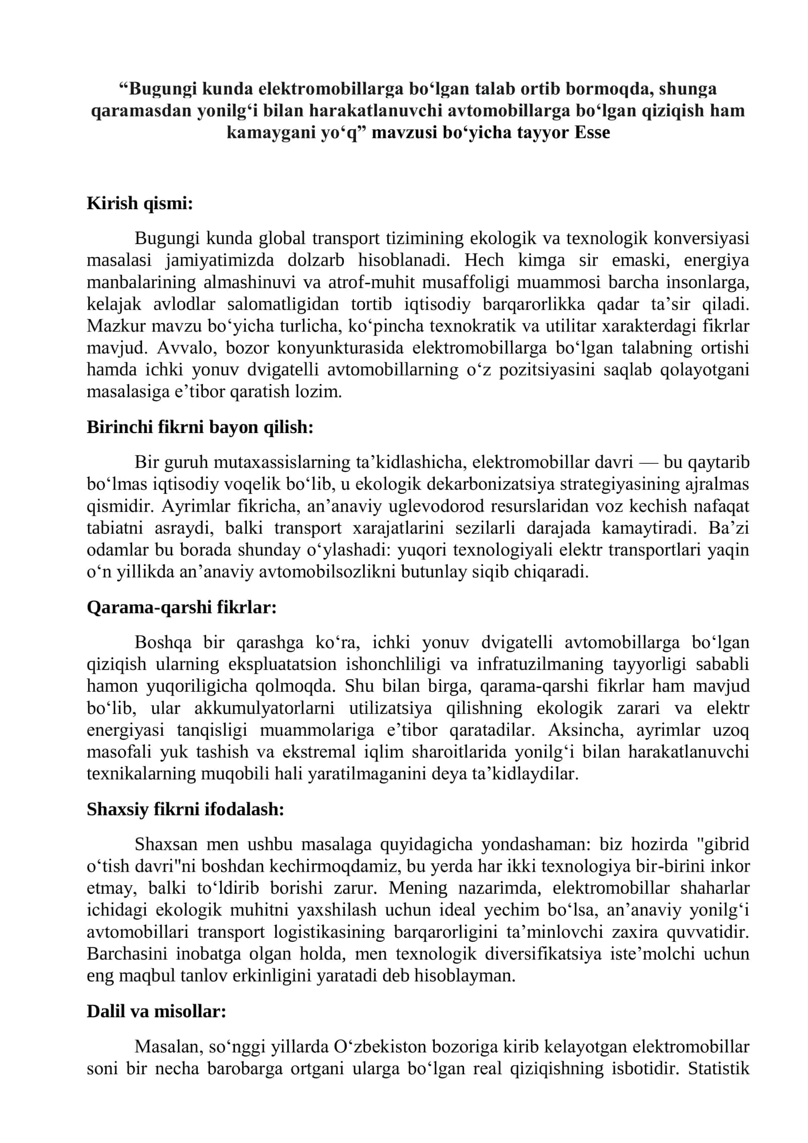 Milliy sertifikat imtihonlariga tayyorgarlik ko'rish uchun tayyor esse mavzusi