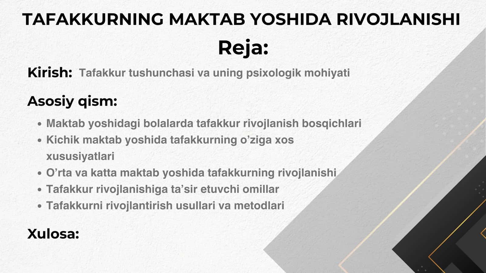 TAFAKKURNING MAKTAB YOSHIDA RIVOJLANISHI
