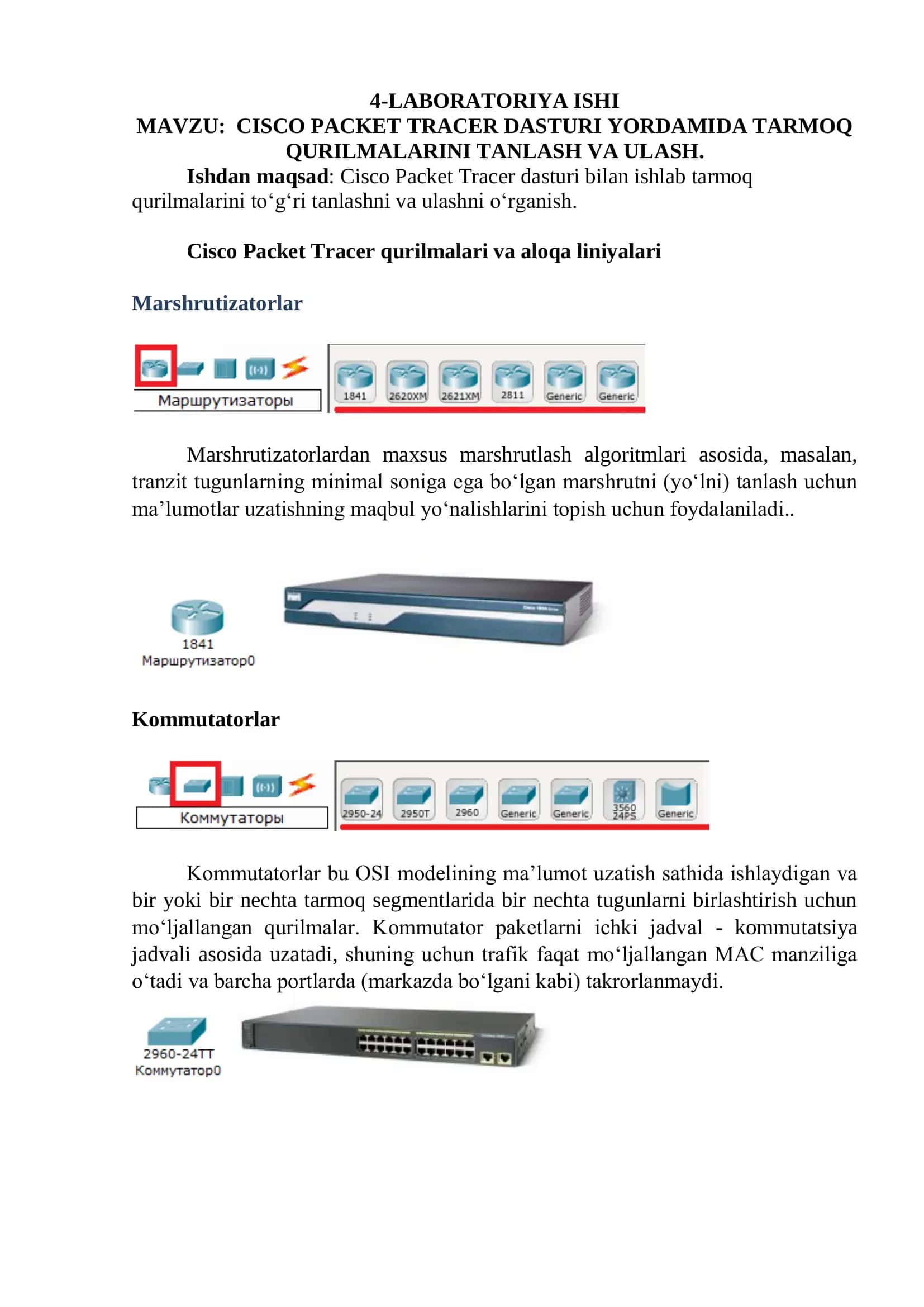 CISCO PACKET TRACER DASTURI YORDAMIDA TARMOQ QURILMALARINI TANLASH VA ULASH