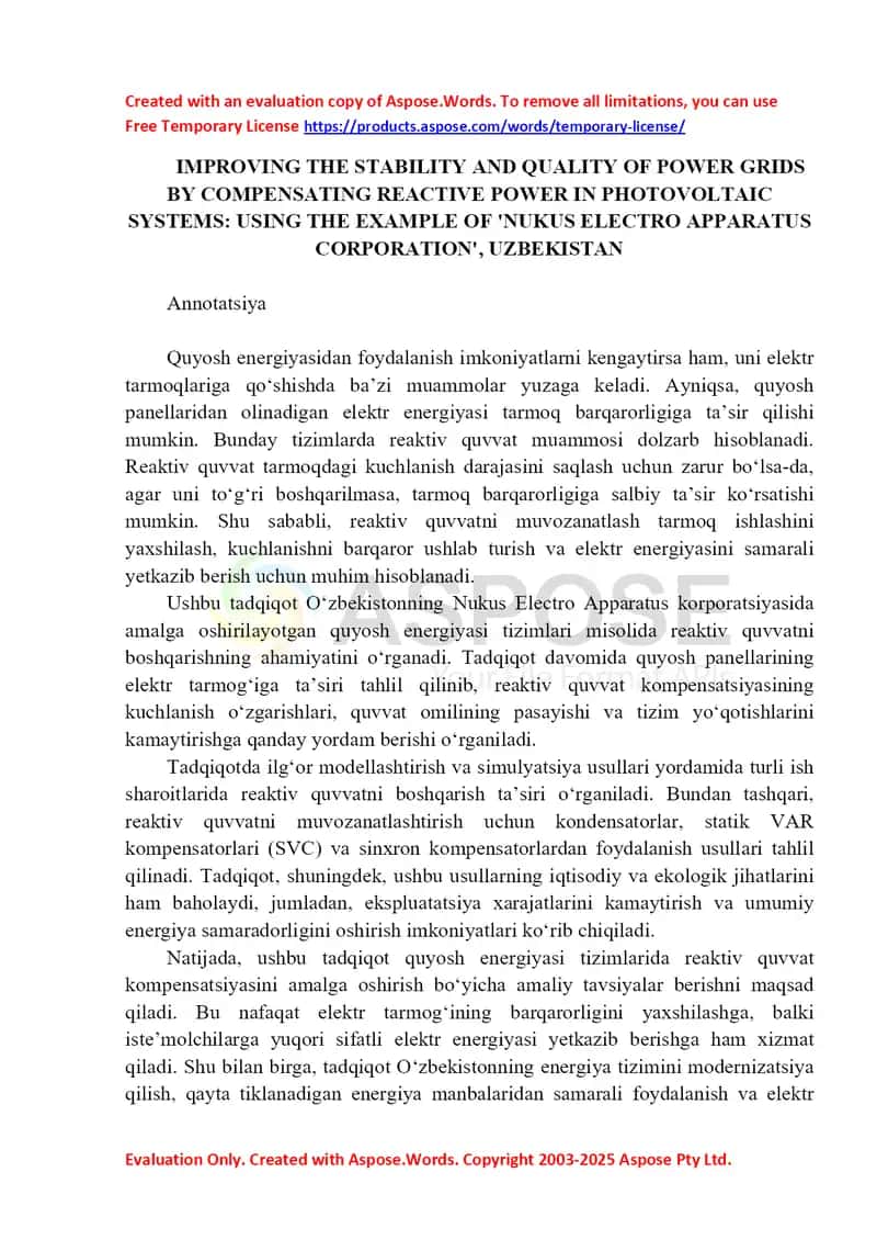 Improving the Stability and Quality of Power Grids by Compensating Reactive Power in Photovoltaic Systems: Using the Example of 'Nukus Electro Apparatus Corporation', Uzbekistan