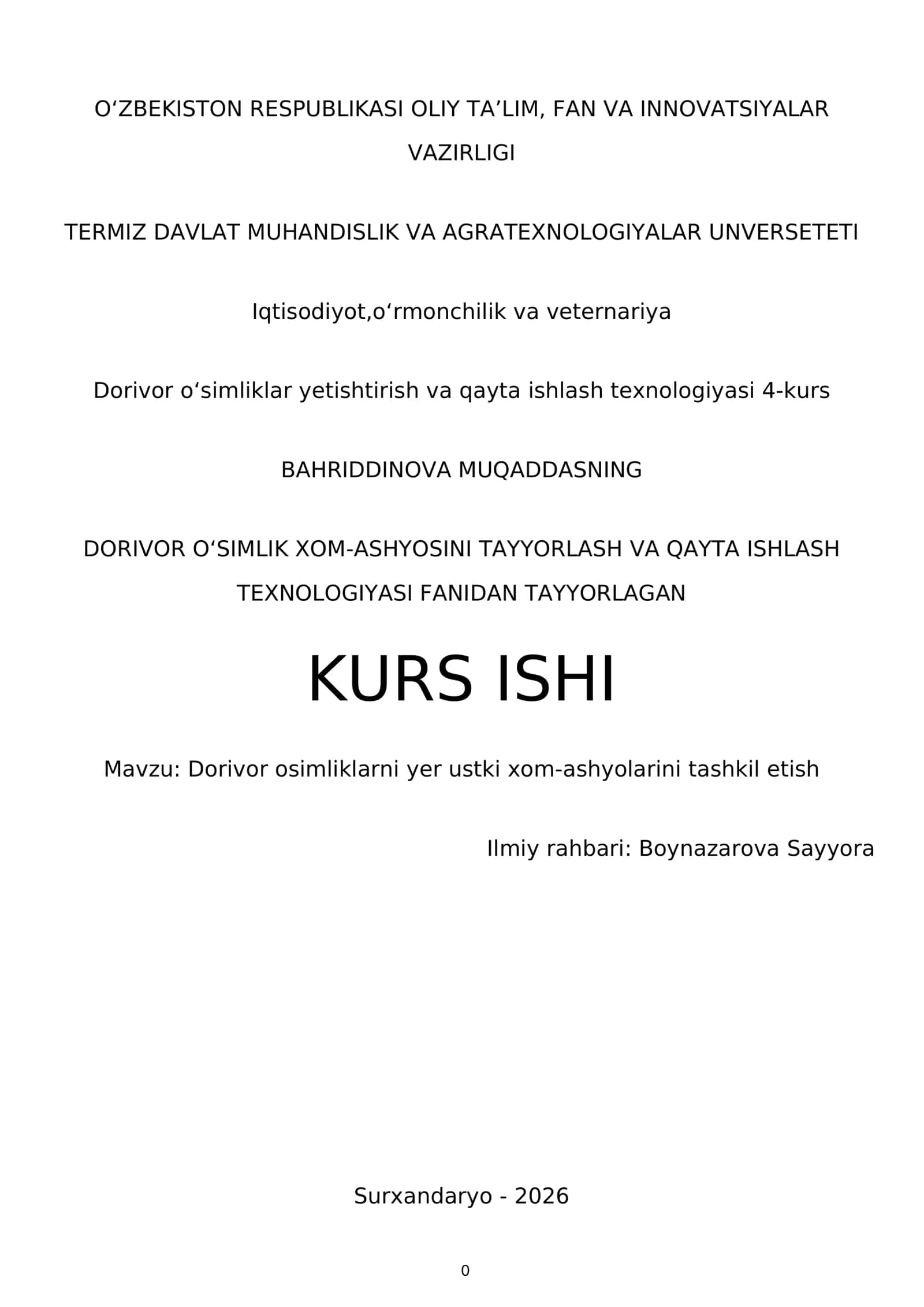 Dorivor o'simliklar va qayta ishlash texnologiyasi 4-kurs