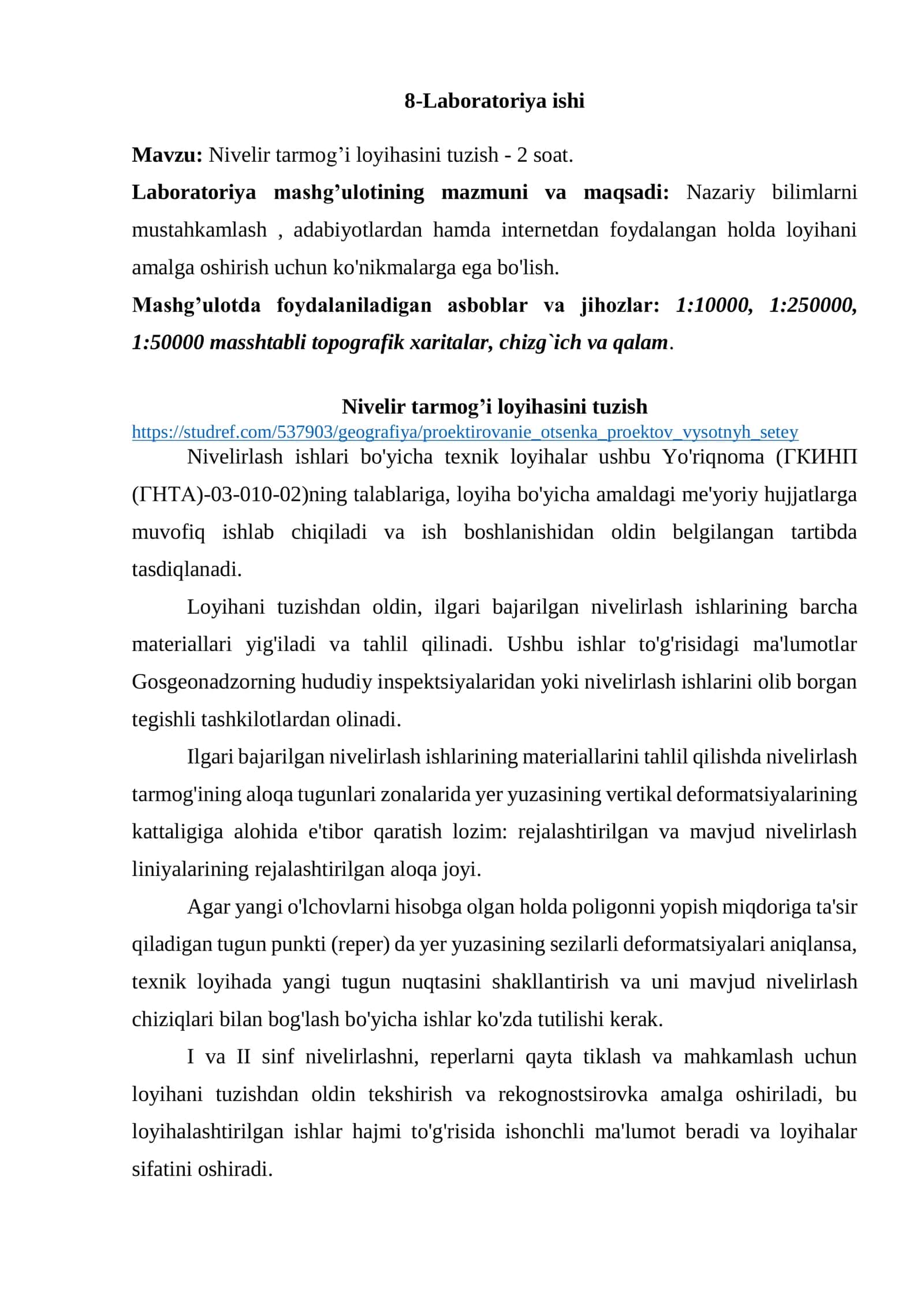 Nivelir tarmog’i loyihasini tuzish