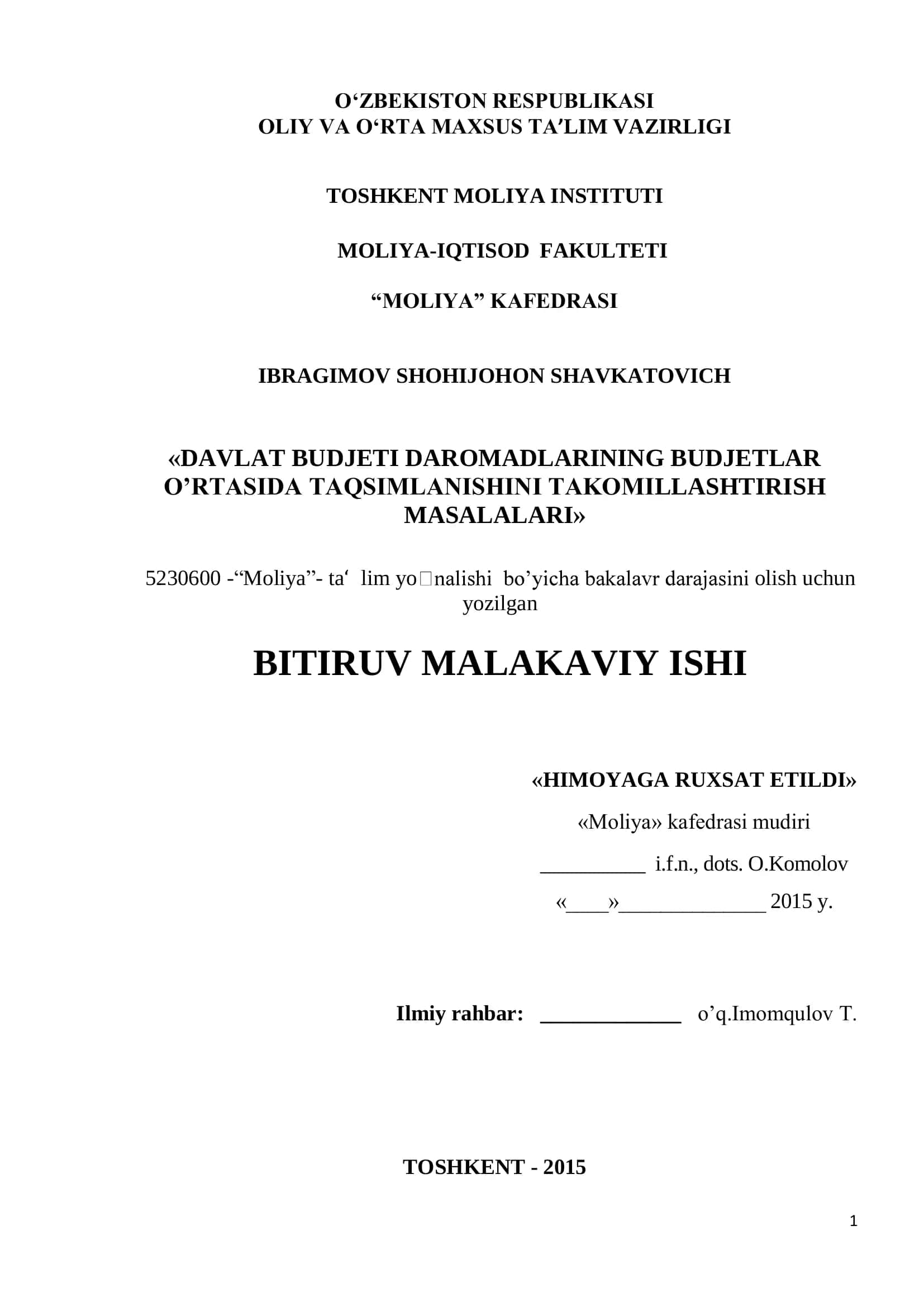 O‘ZBEKISTON RESPUBLIKASI OLIY VA O‘RTA MAXSUS TA’LIM VAZIRLIGI TOSHKENT MOLIYA INSTITUTI MOLIYA-IQTISOD FAKULTETI “MOLIYA” KAFEDRASI