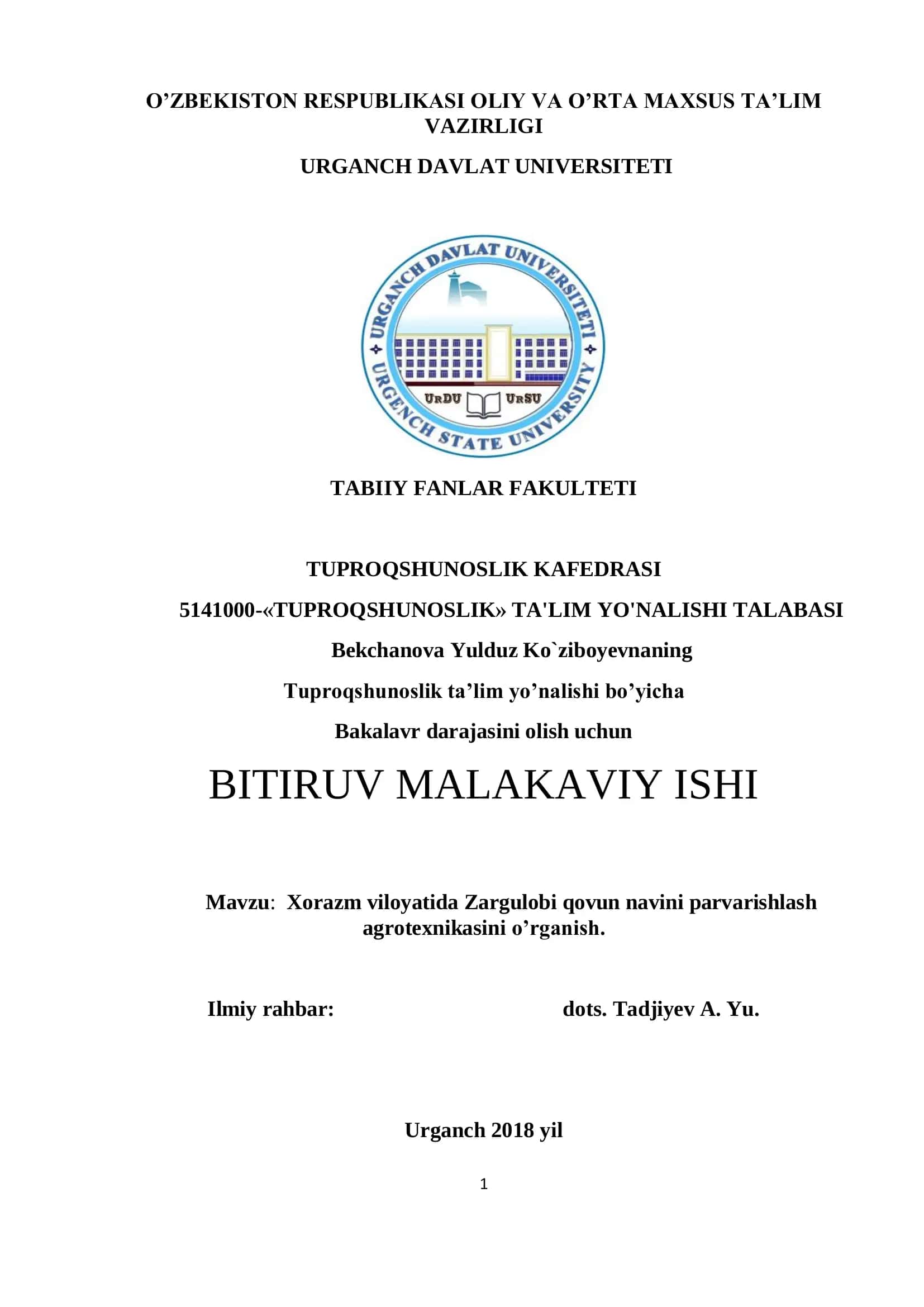 Tuproqshunoslik ta’lim yo’nalishi bakalavr talabasi
