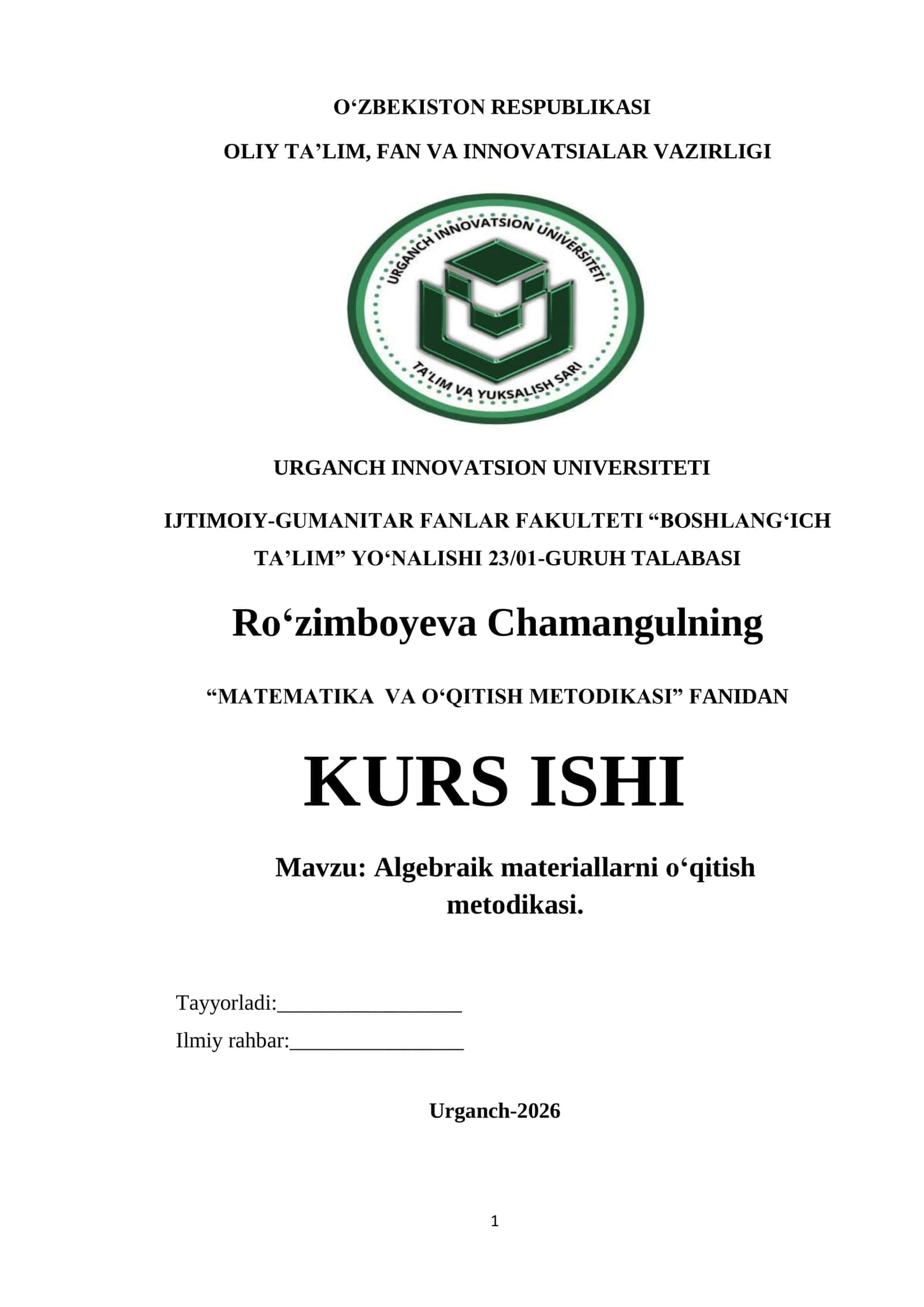 Algebraik materiallarni o‘qitish metodikasi