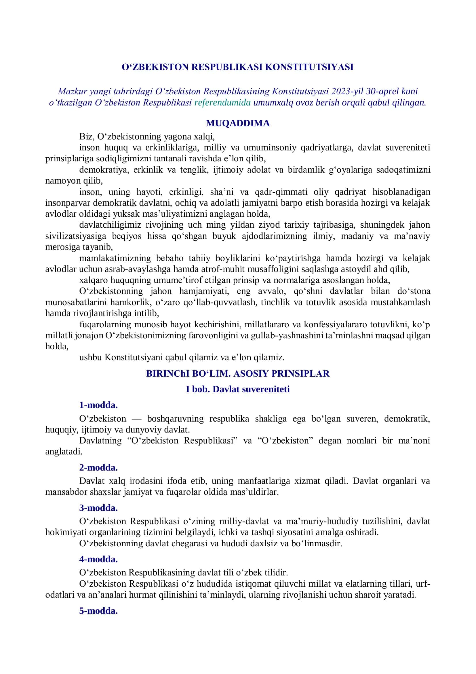 O‘ZBEKISTON RESPUBLIKASI KONSTITUTSIYASI