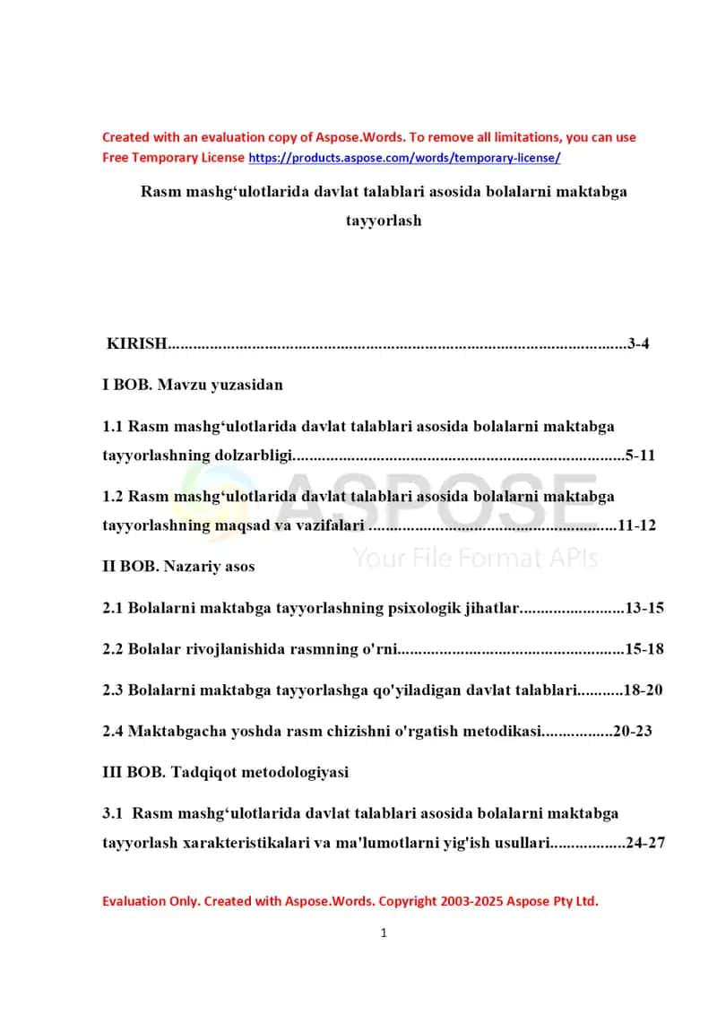 Kurs ishi “Rasm mashgʻulotlarida davlat talablari asosida bolalarni maktabga tayyorlash”