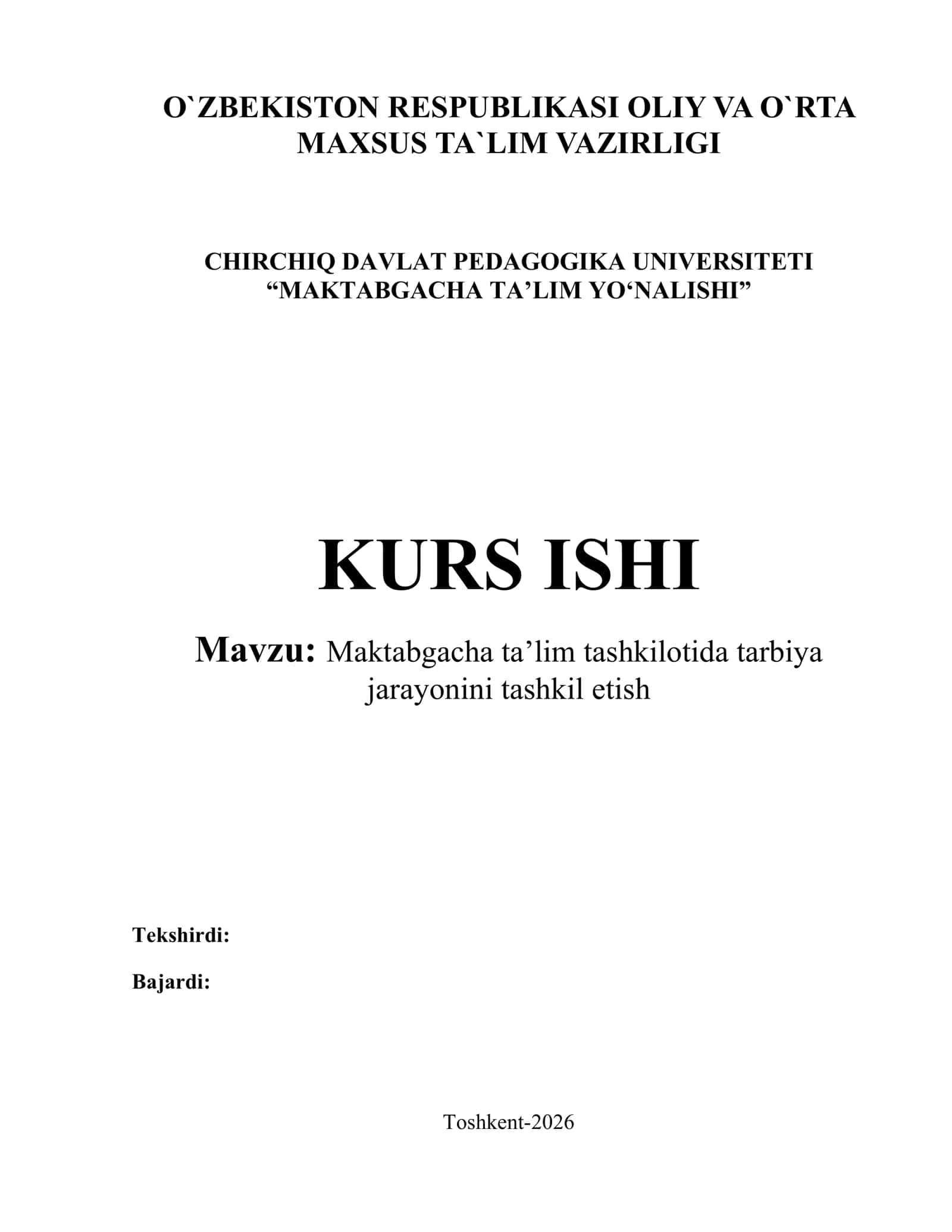 Maktabgacha taʼlim tashkilotida tarbiya jarayonini tashkil etish