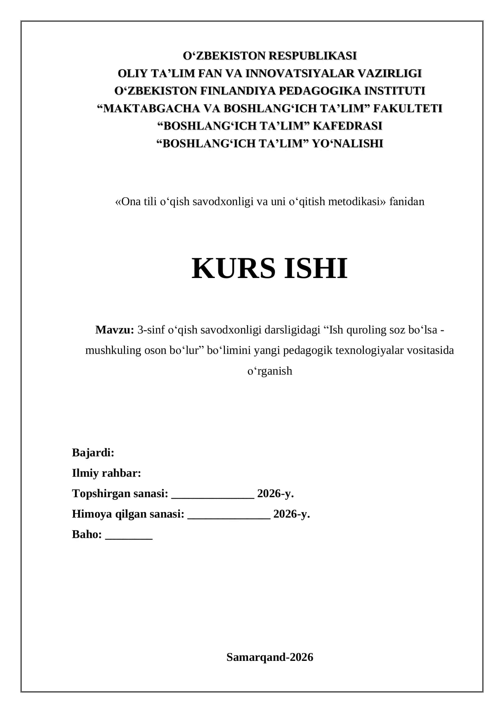 Ish quroling soz boʻlsa - mushkuling oson boʻlur