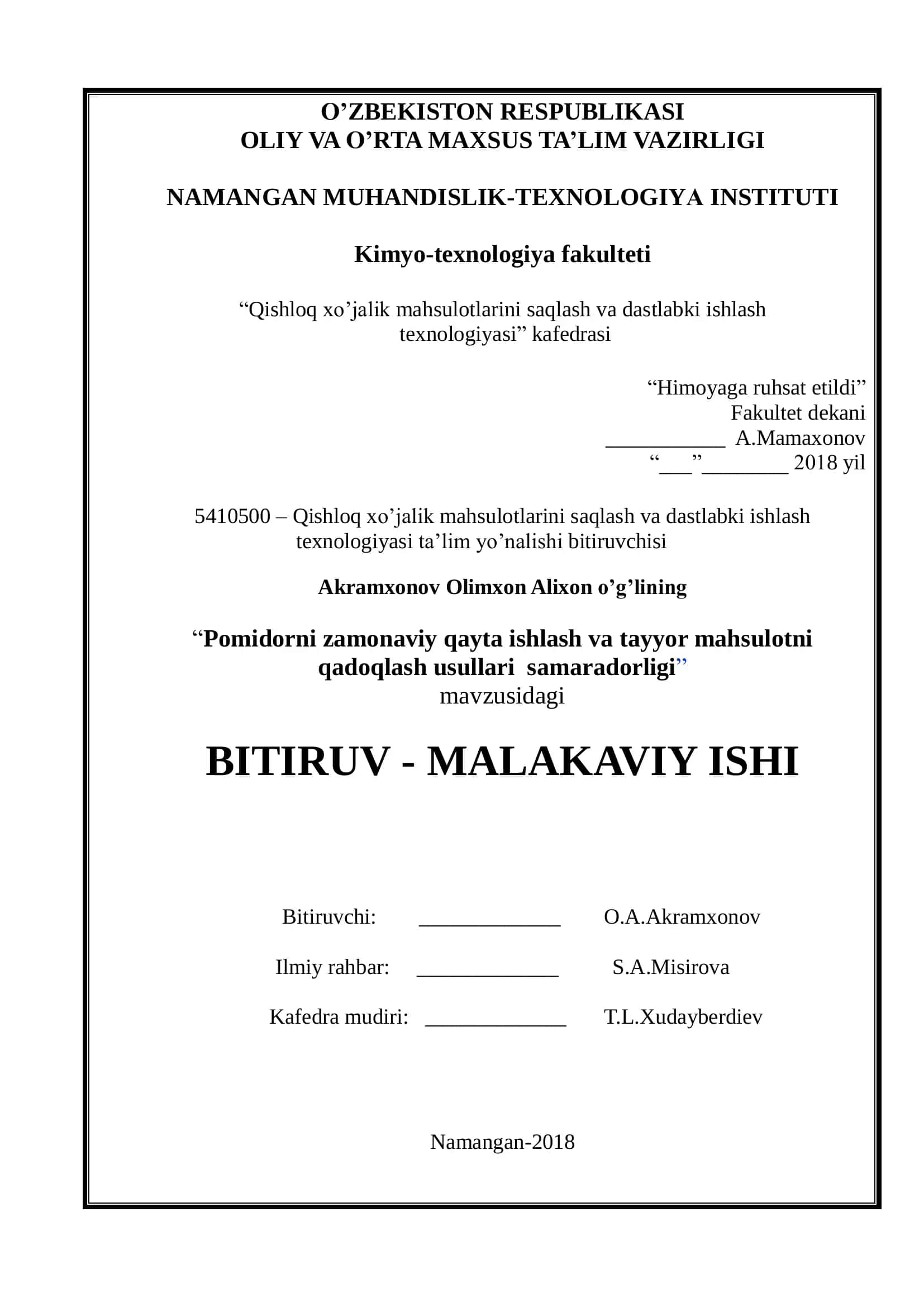 Pomidorni zamonaviy qayta ishlash va tayyor mahsulotni qadoqlash usullari samaradorligi
