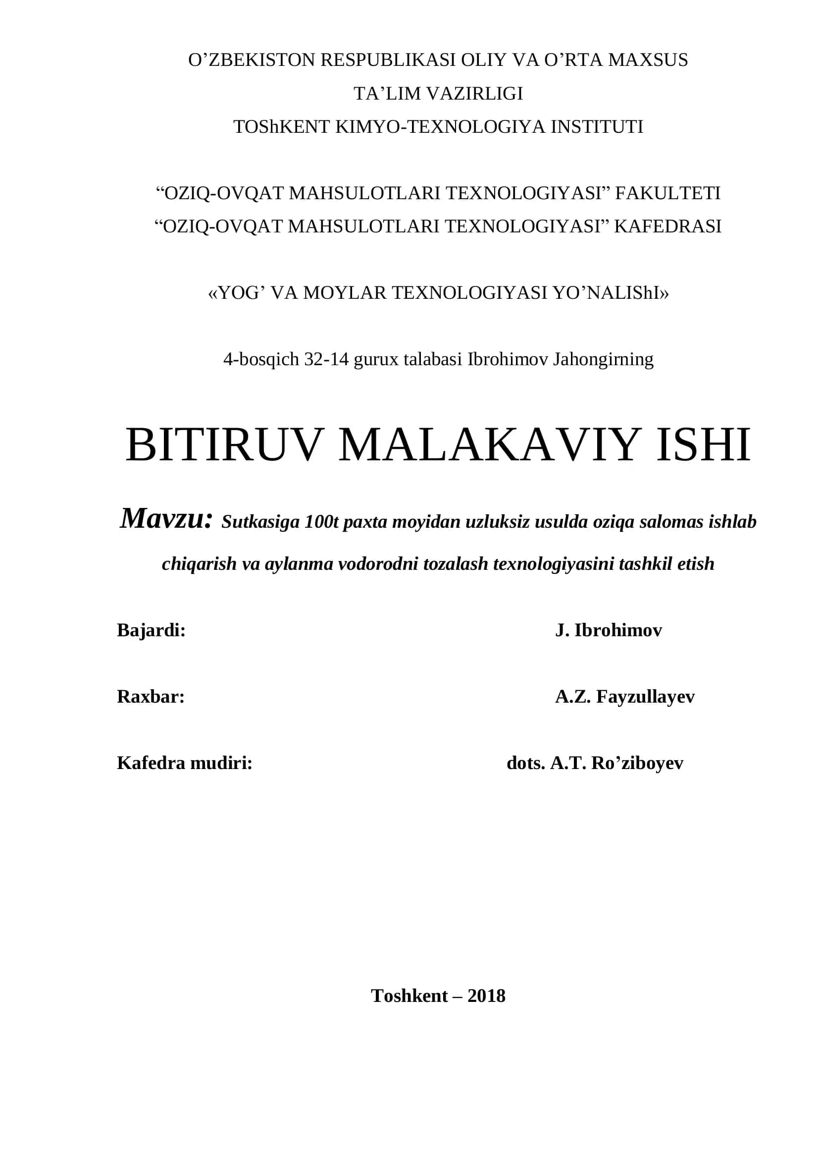 Sutkasiga 100t paxta moyidan uzluksiz usulda oziqa salomas ishlab chiqarish va aylanma vodorodni tozalash texnologiyasi