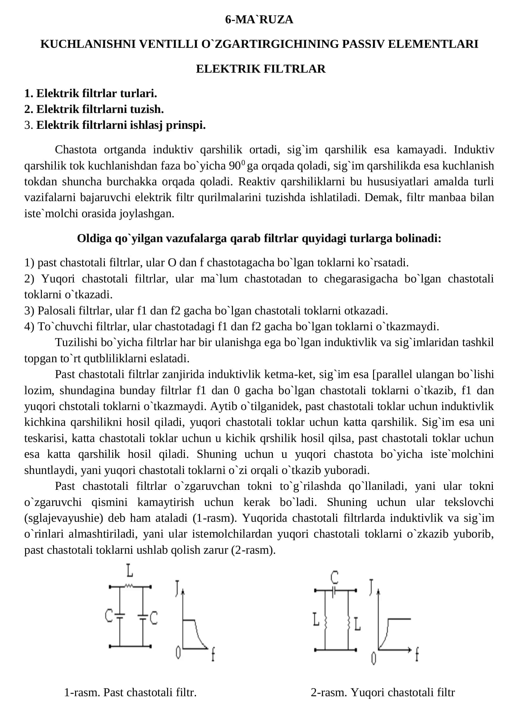 Kuchlanishni Ventilli O`zgartirgichining Passiv Elementlari
