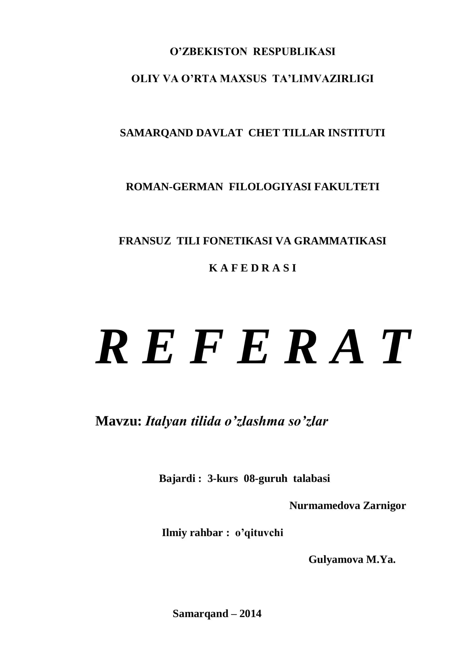 Italyan tilida o’zlashma so’zlar