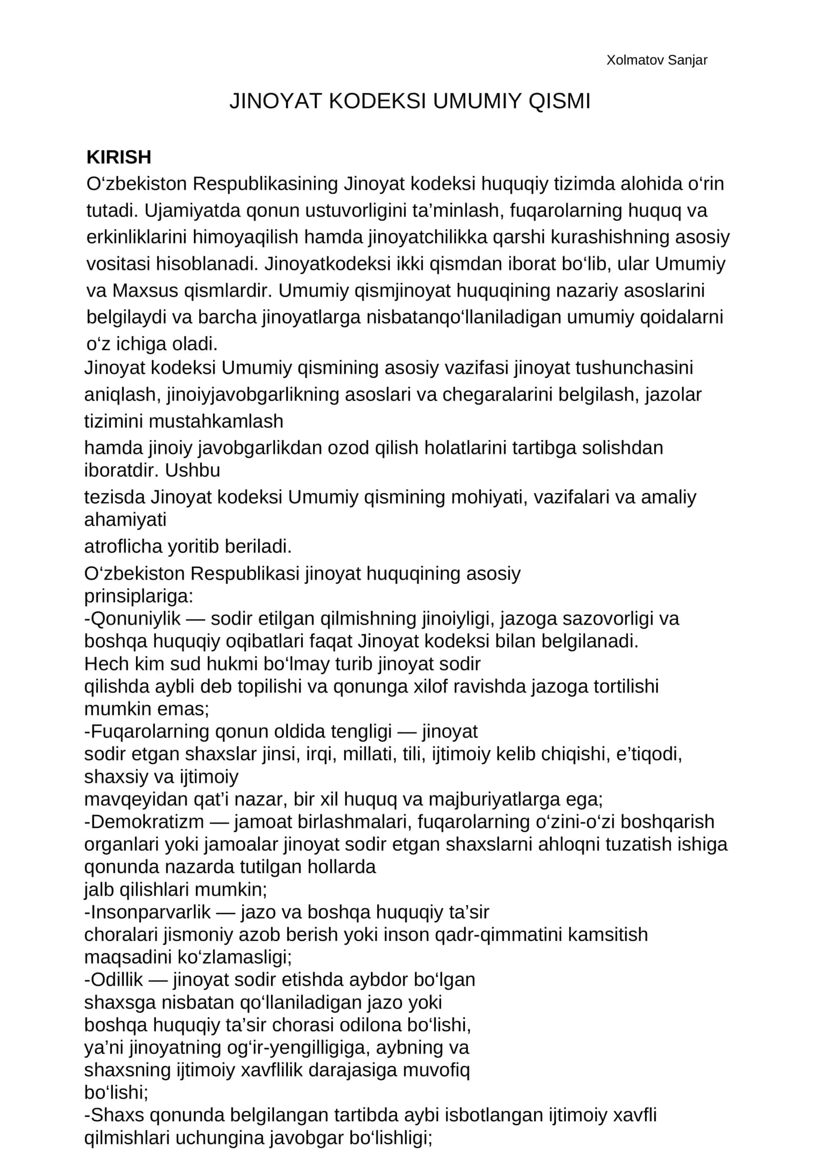 Jinoyat Kodeksi Umumiy Qismi