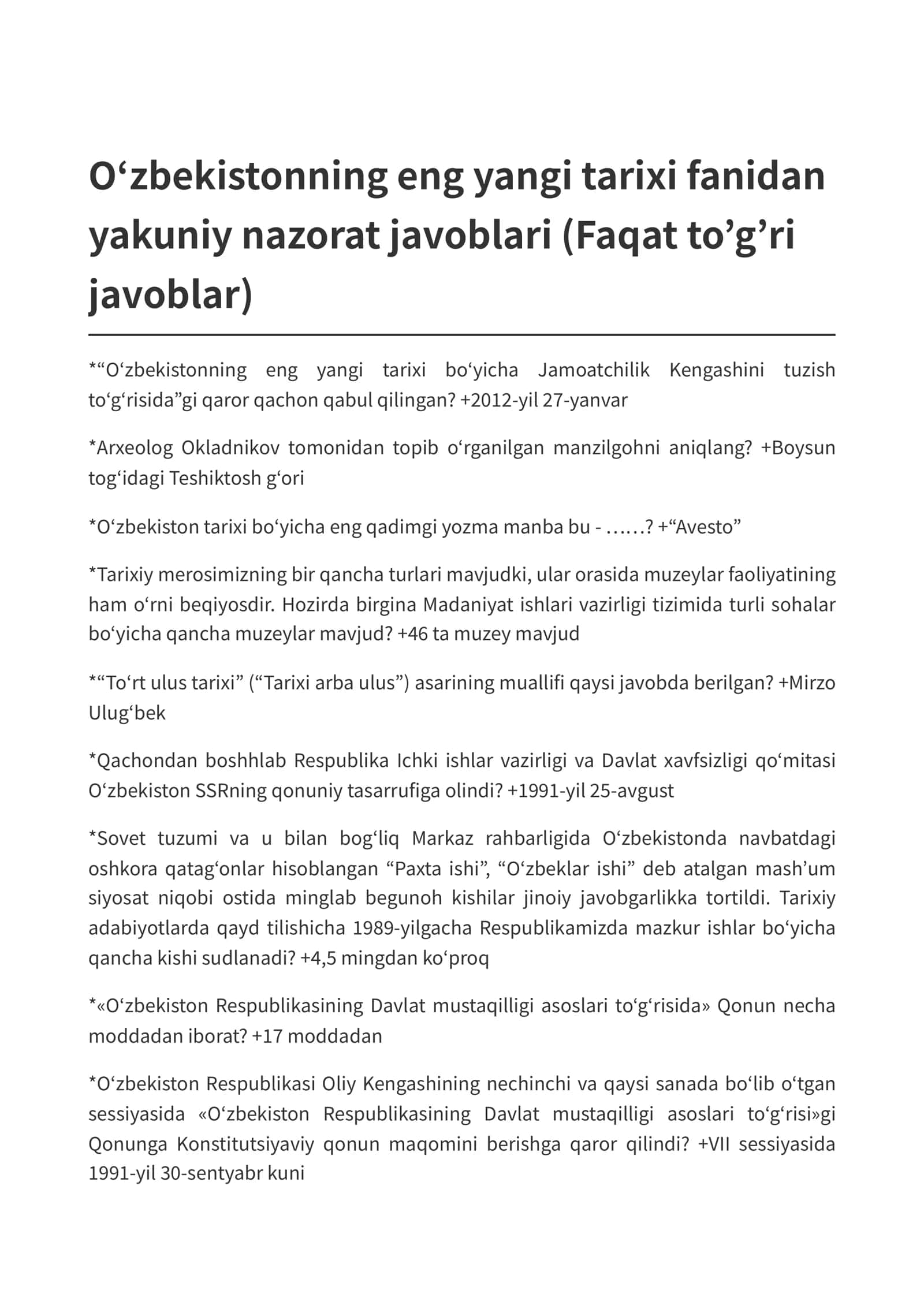Oʻzbekistonning eng yangi tarixi fanidan yakuniy nazorat javoblari