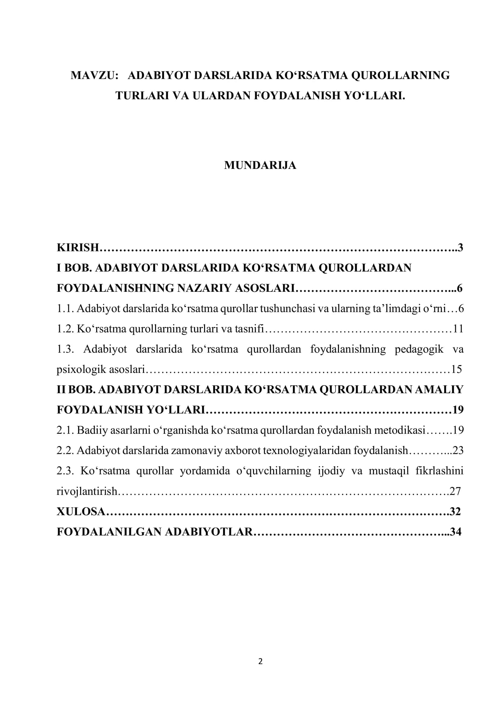ADABIYOT DARSLARIDA KO‘RSATMA QUROLLARNING TURLARI VA ULARDAN FOYDALANISH YO‘LLARI