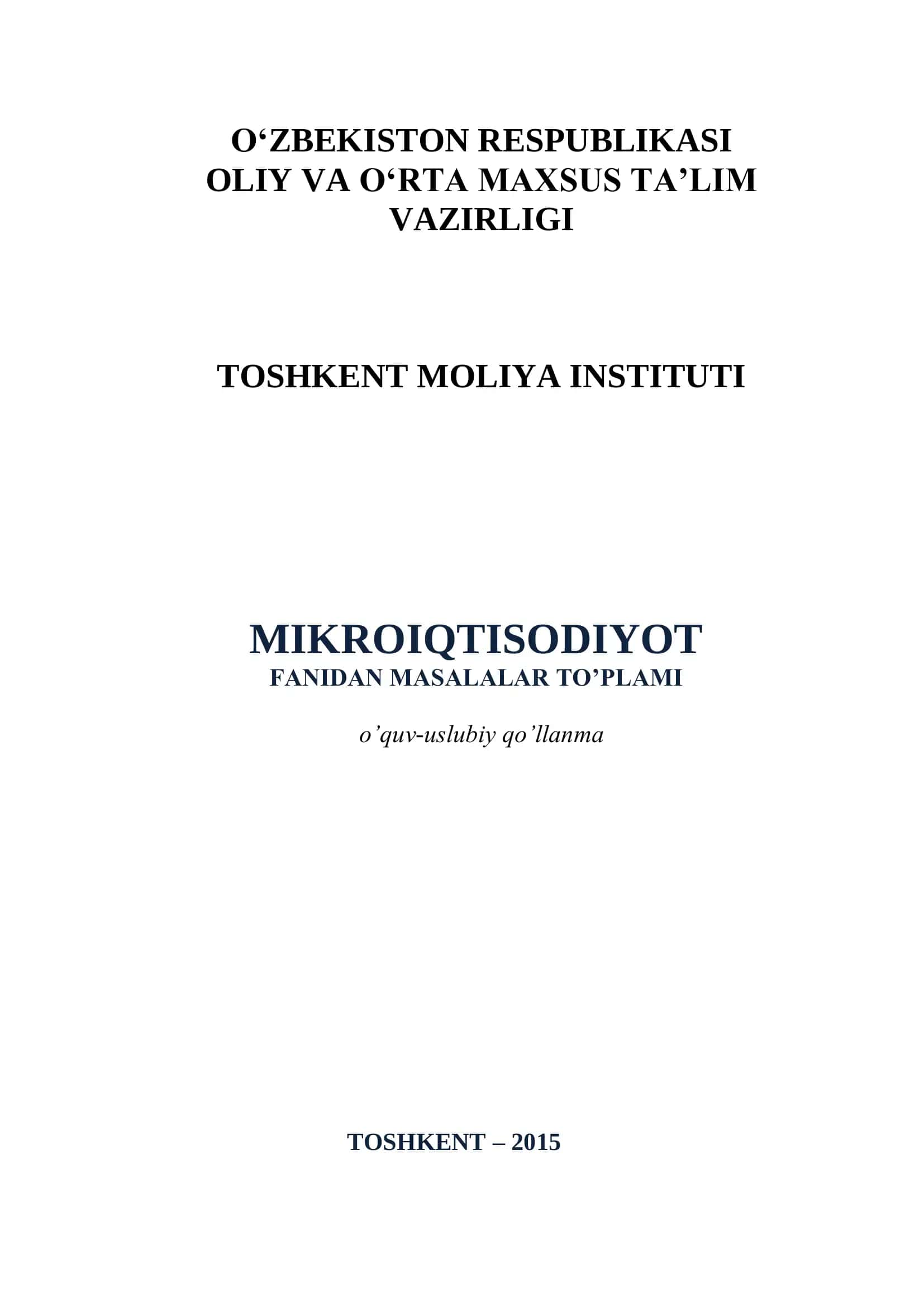 Mikroiqtisodiyot fanidan masalalar to’plami