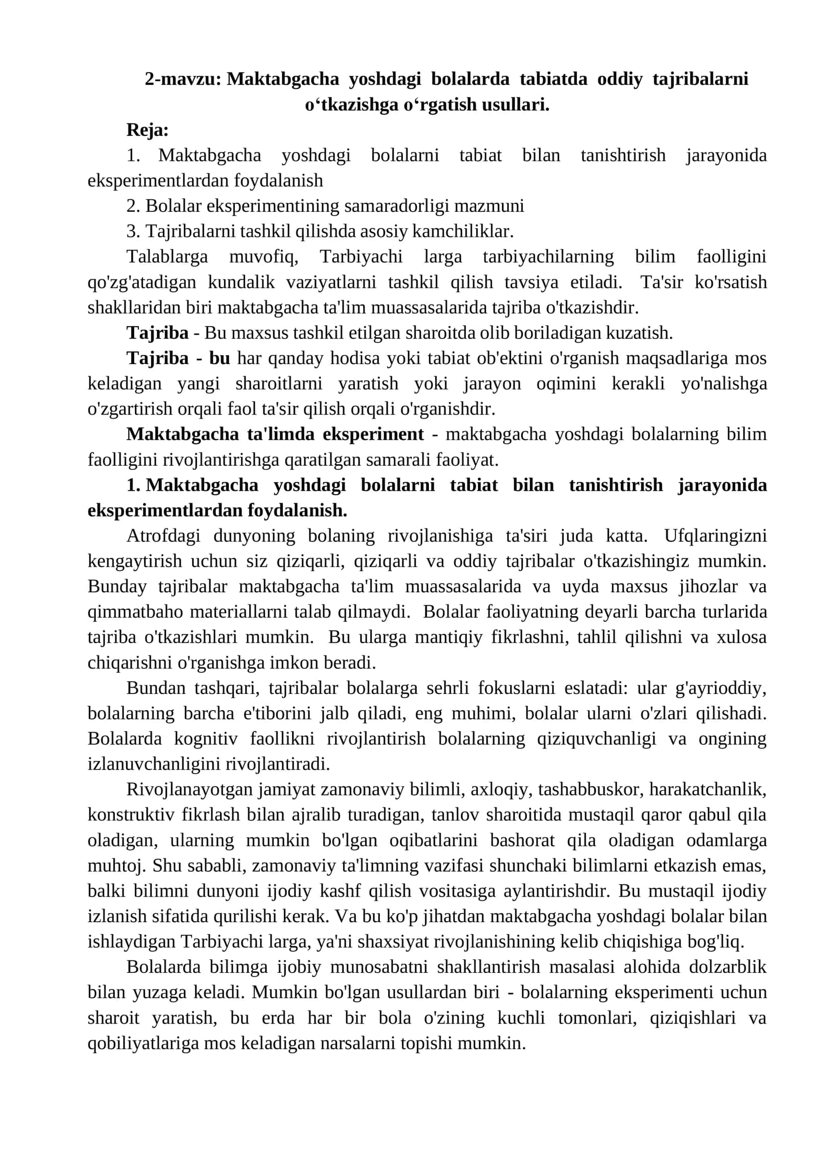 Maktabgacha yoshdagi bolalarda tabiatda oddiy tajribalarni o‘tkazishga o‘rgatish usullari