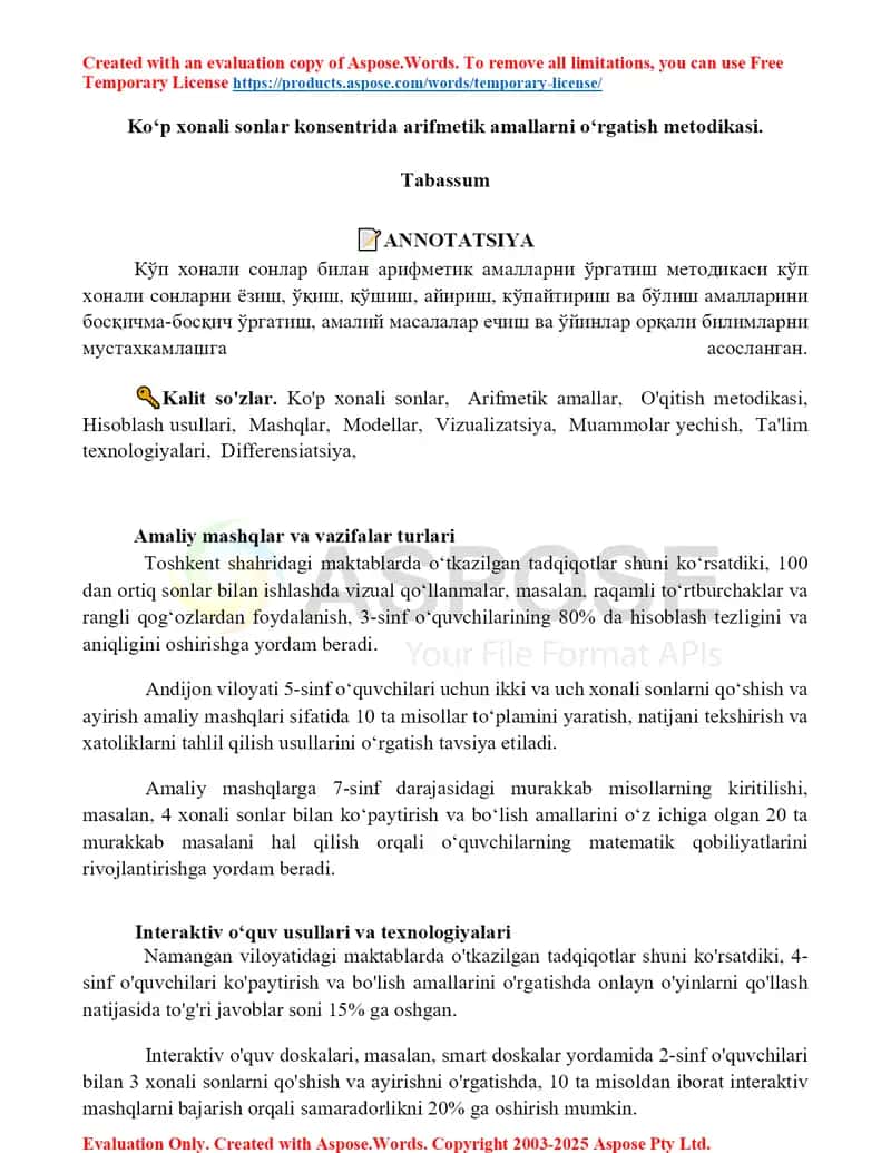 Ko‘p xonali sonlar konsentrida arifmetik amallarni o‘rgatish metodikasi