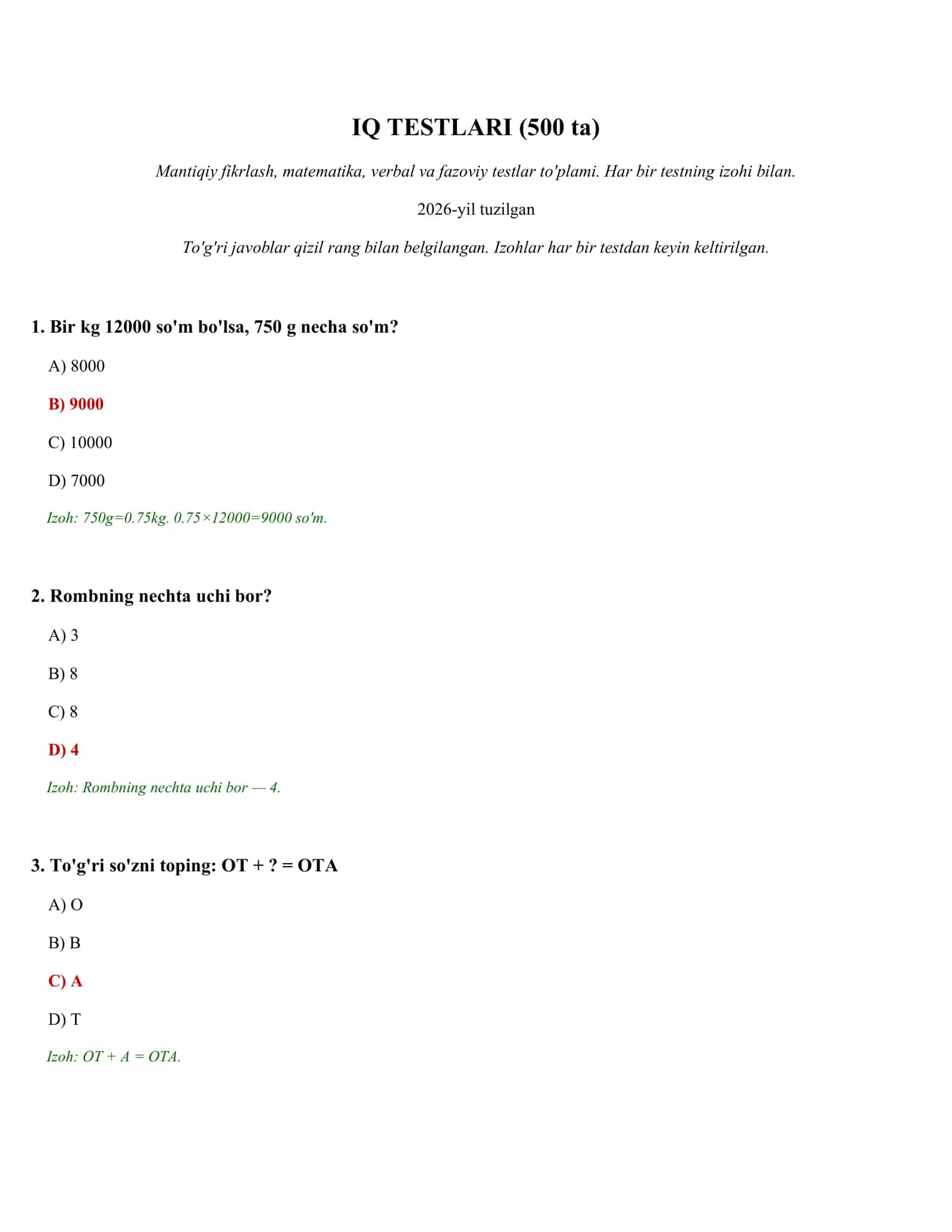 IQ TESTLARI (500 ta)