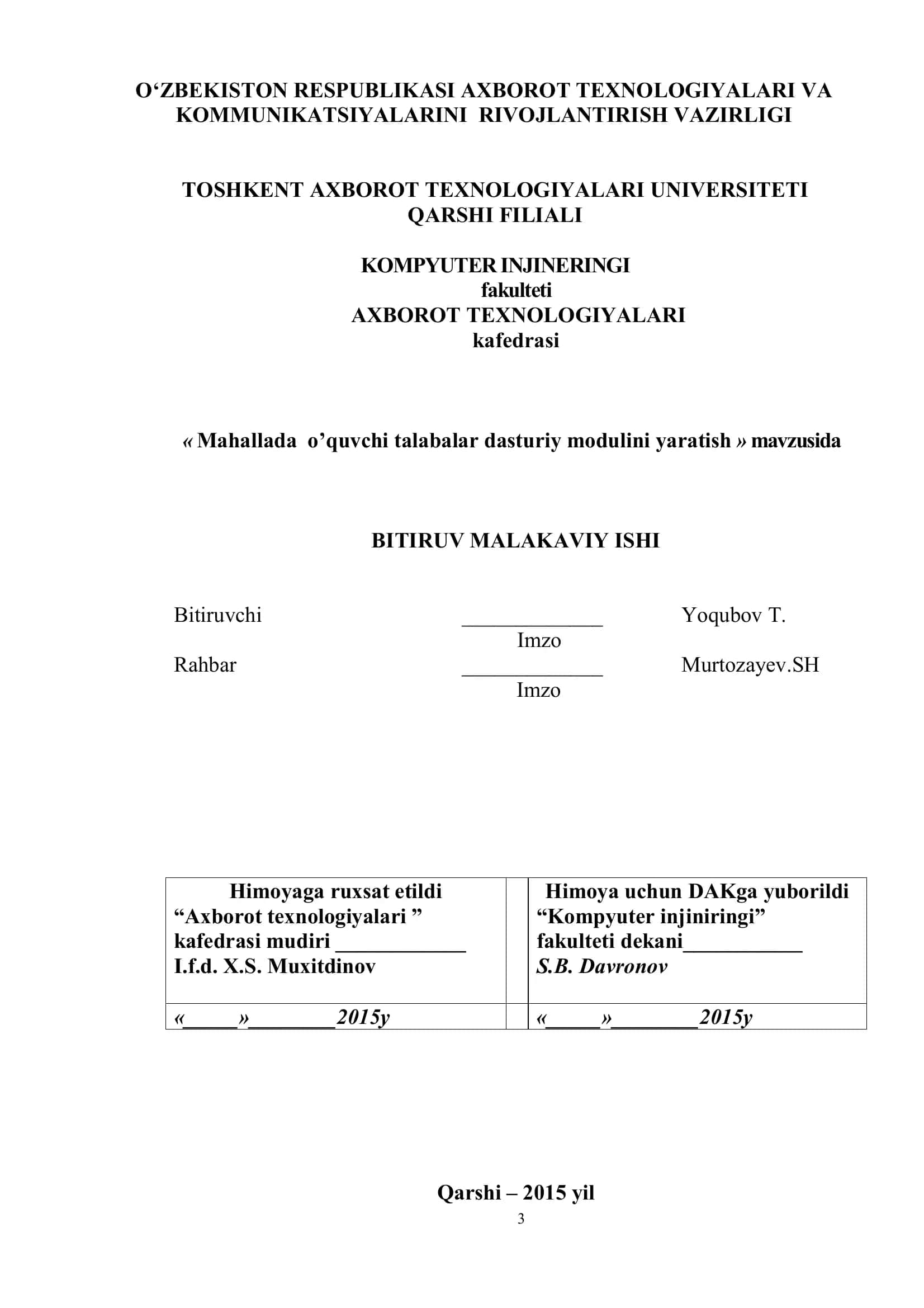 Mahallada o’quvchi talabalar dasturiy modulini yaratish