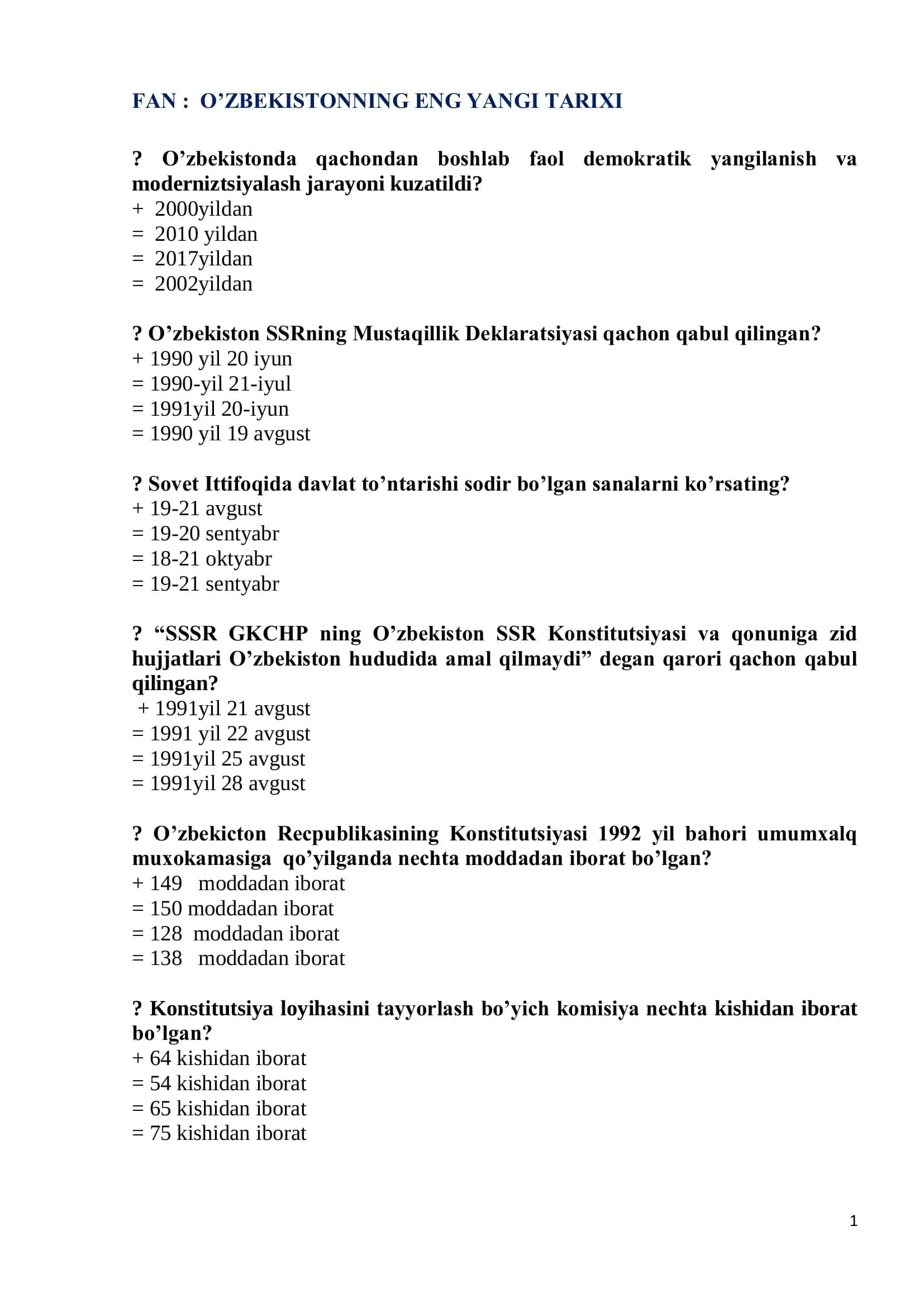 O’ZBEKISTONNING ENG YANGI TARIXI testlar