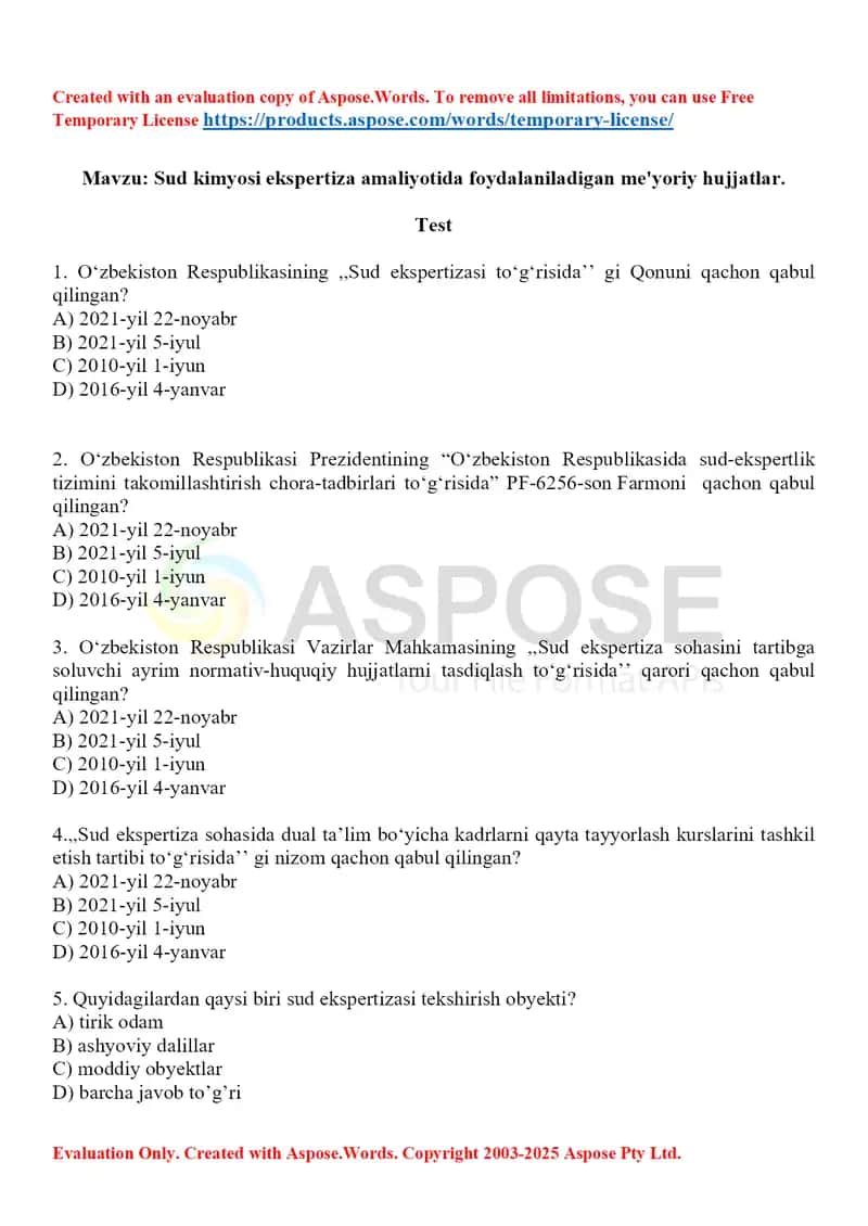 1. Sud kimyosi ekspertiza amaliyotida foydalaniladigan me'yoriy hujjatlar. Test 20 ta