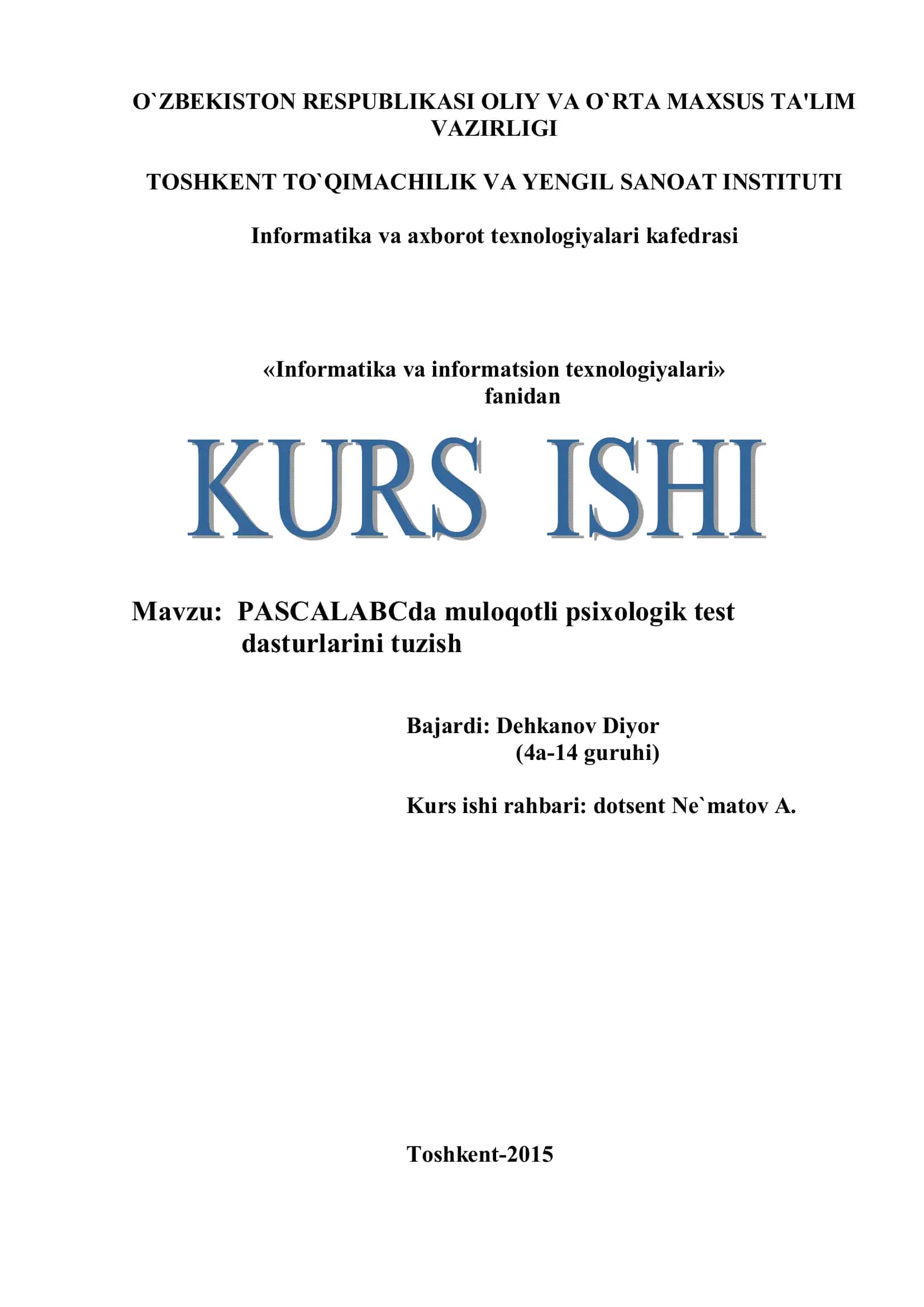 PASCALABCda muloqotli psixologik test dasturlarini tuzish