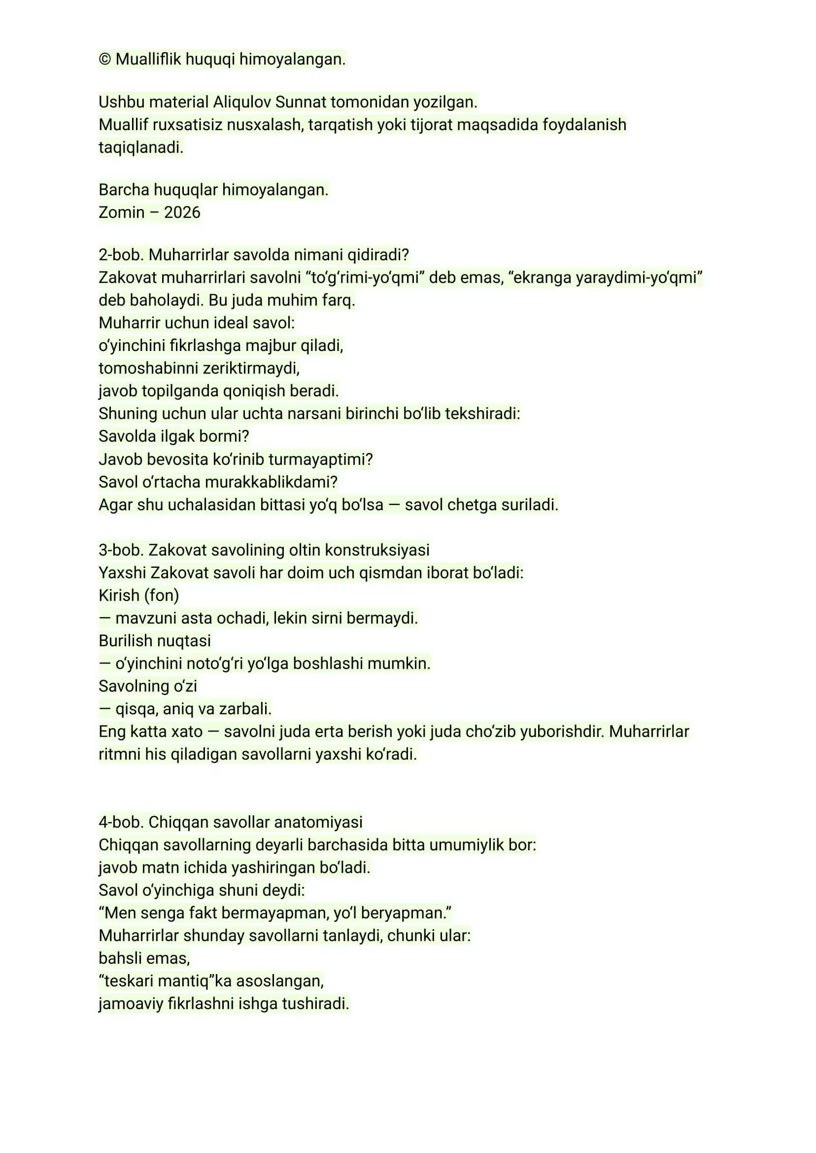 ZAKOVAT TELEO'YINIGA SAVOL YUBORISH SIRLARI