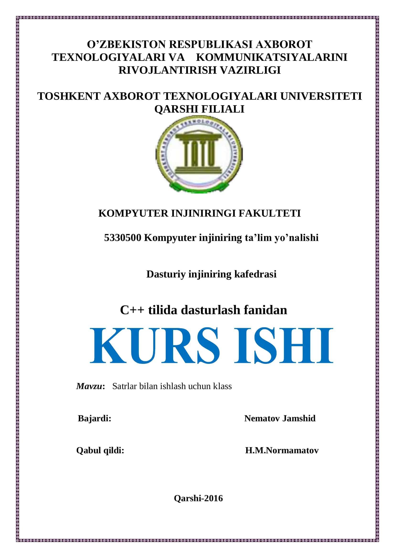 Satrlar bilan ishlash uchun klass