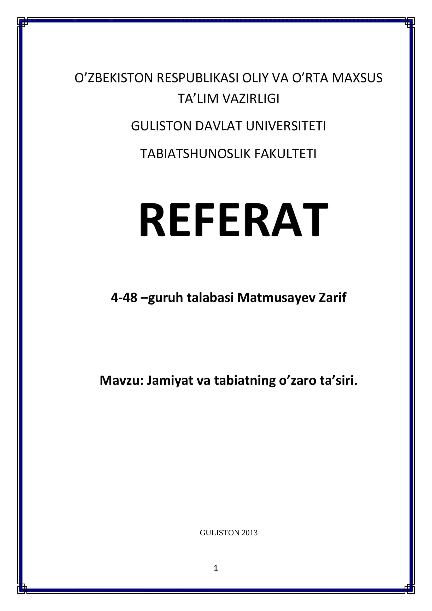 Jamiyat va tabiatning o’zaro ta’siri