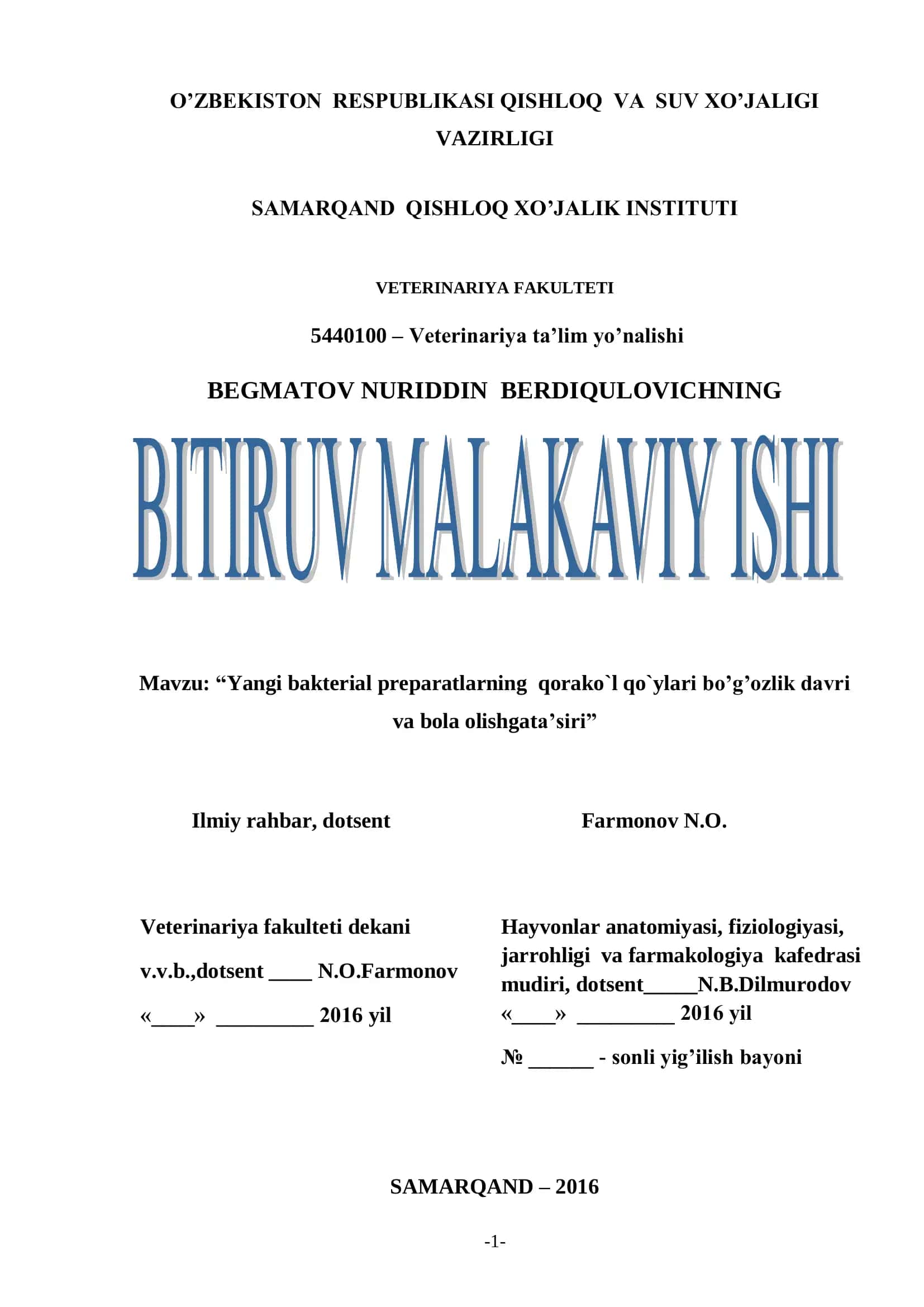 Yangi bakterial preparatlarning qorako`l qo`ylari bo’g’ozlik davri va bola olishgata’siri