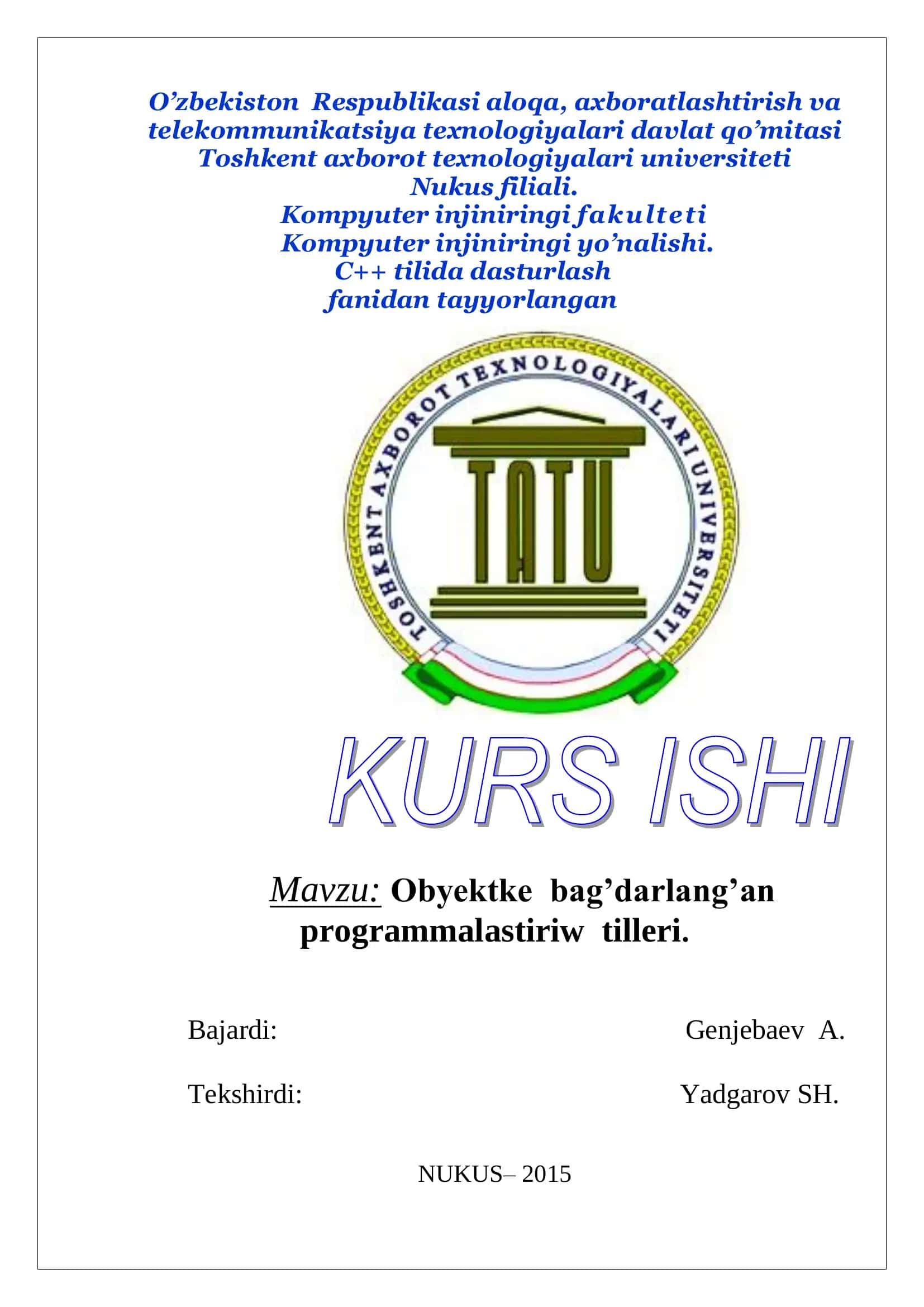 Obyektke bag'darlang'an programmalastiriw tilleri