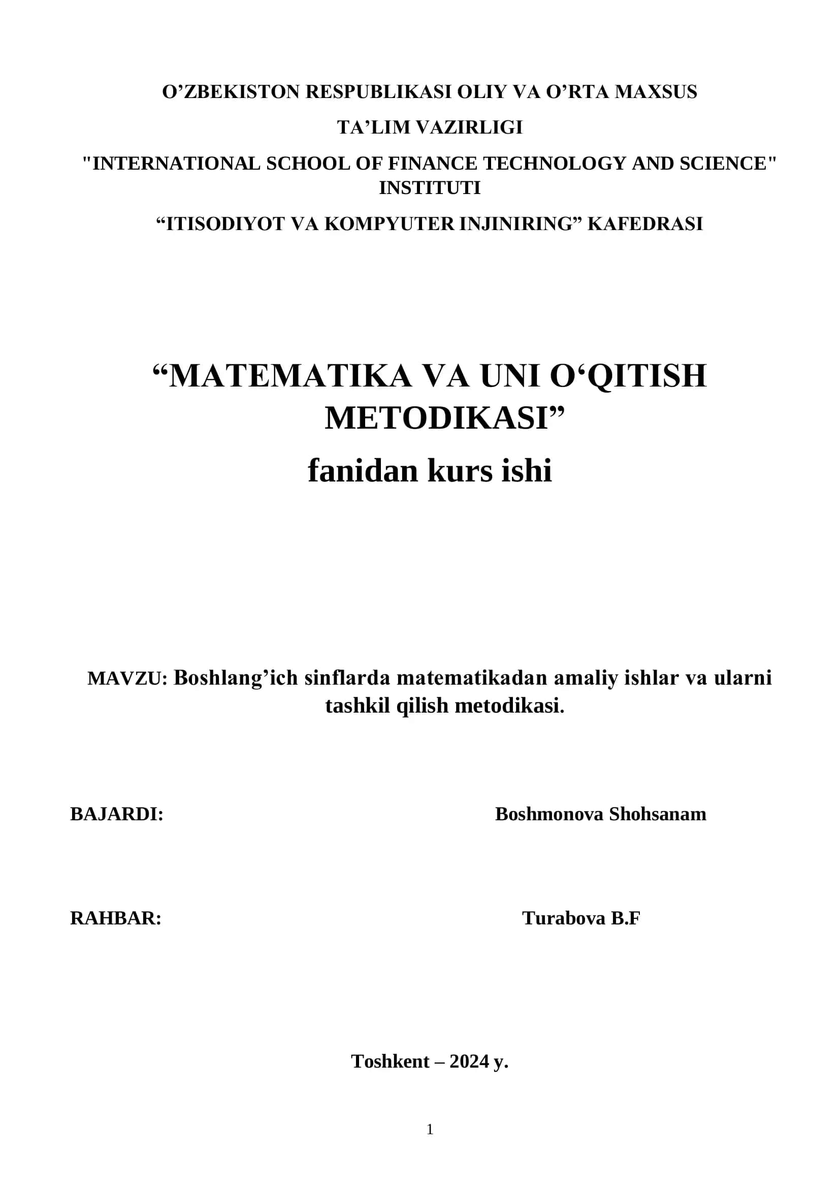 Boshlang’ich sinflarda matematikadan amaliy ishlar va ularni tashkil qilish metodikasi