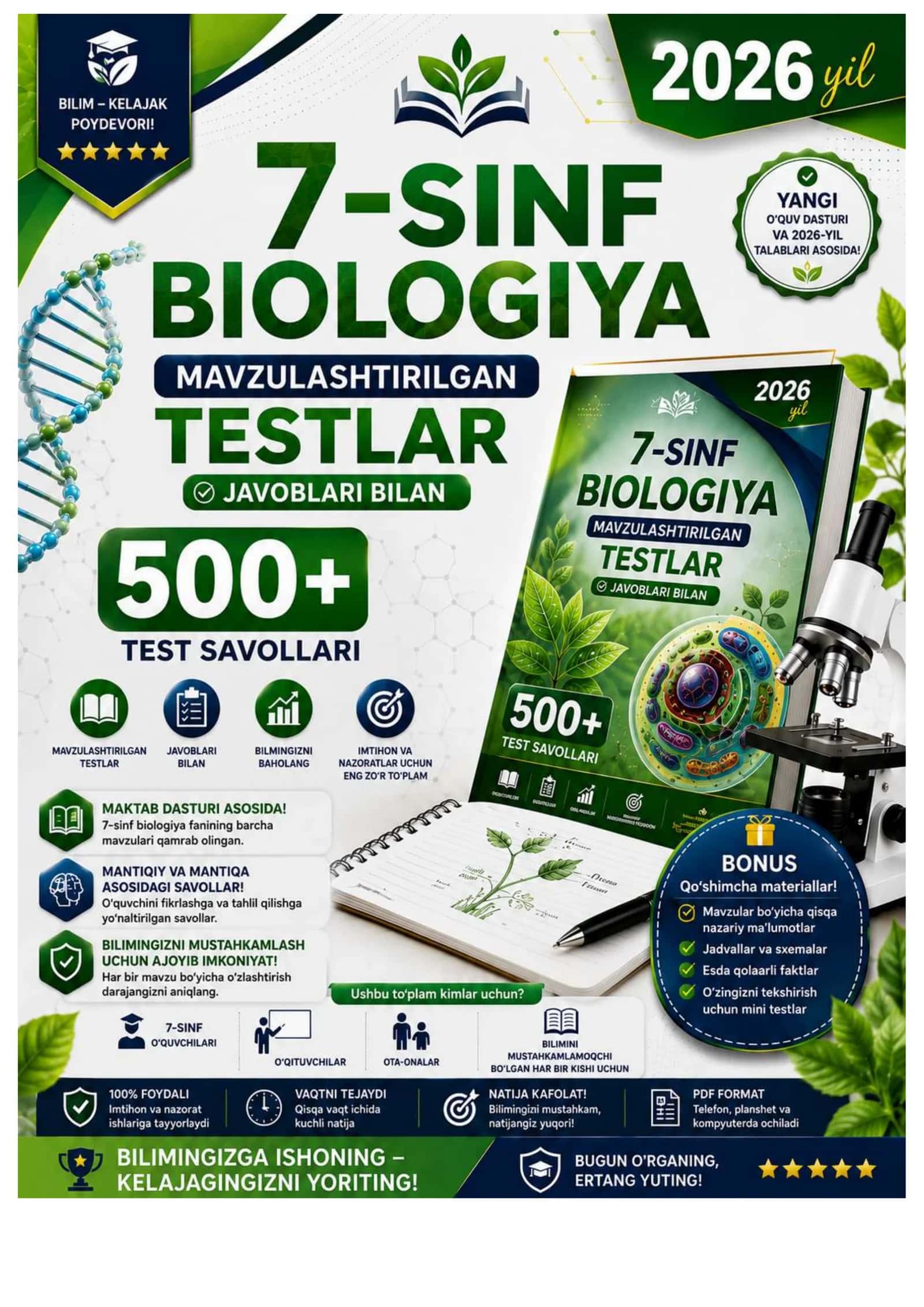 7- SINF BIOLOGIYA {Zoologiya} FANIDAN MAVZULASHTIRILGAN TESTLAR 500+ 2026 YIL