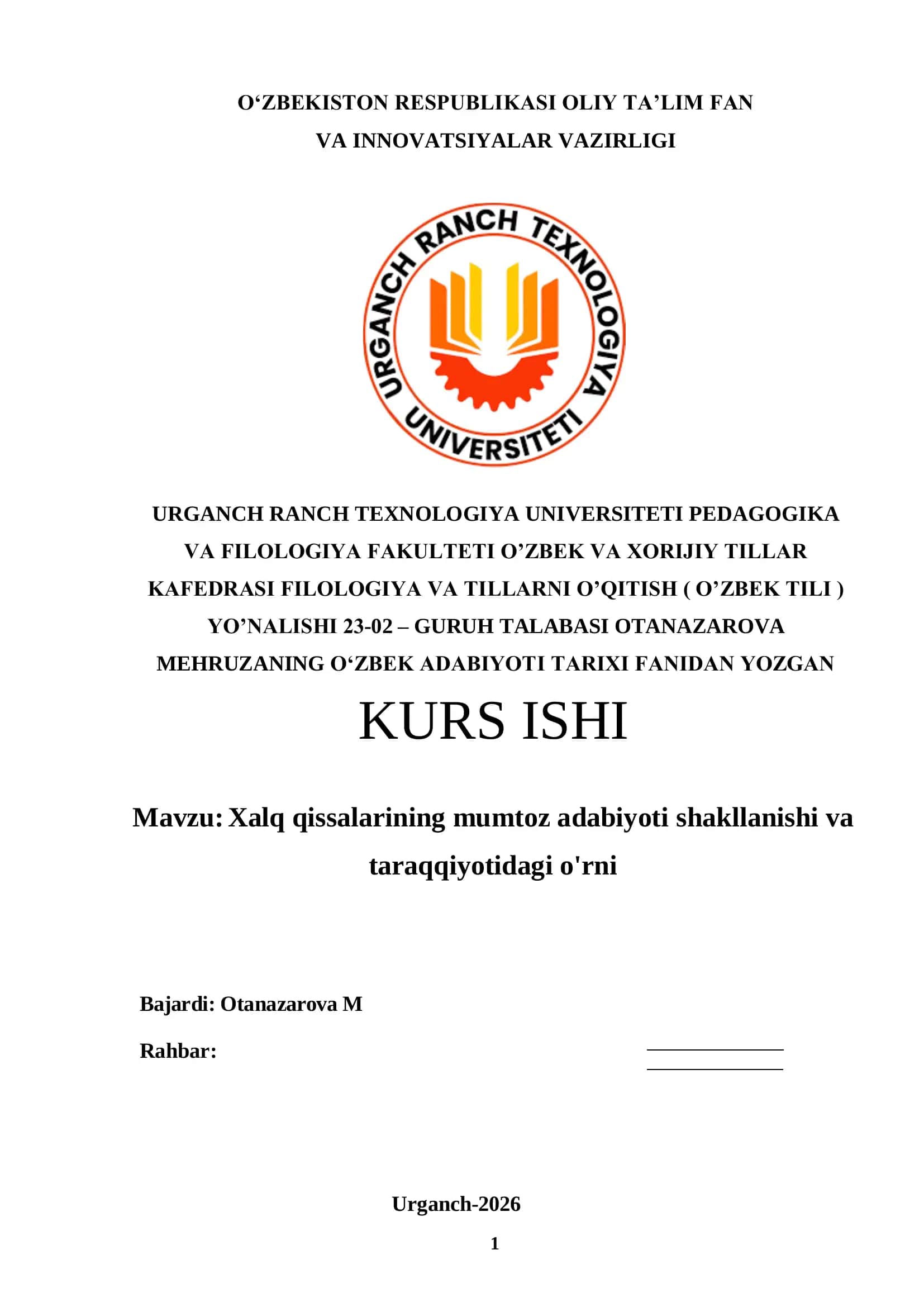 Xalq qissalarining mumtoz adabiyoti shakllanishi va taraqqiyotidagi o'rni