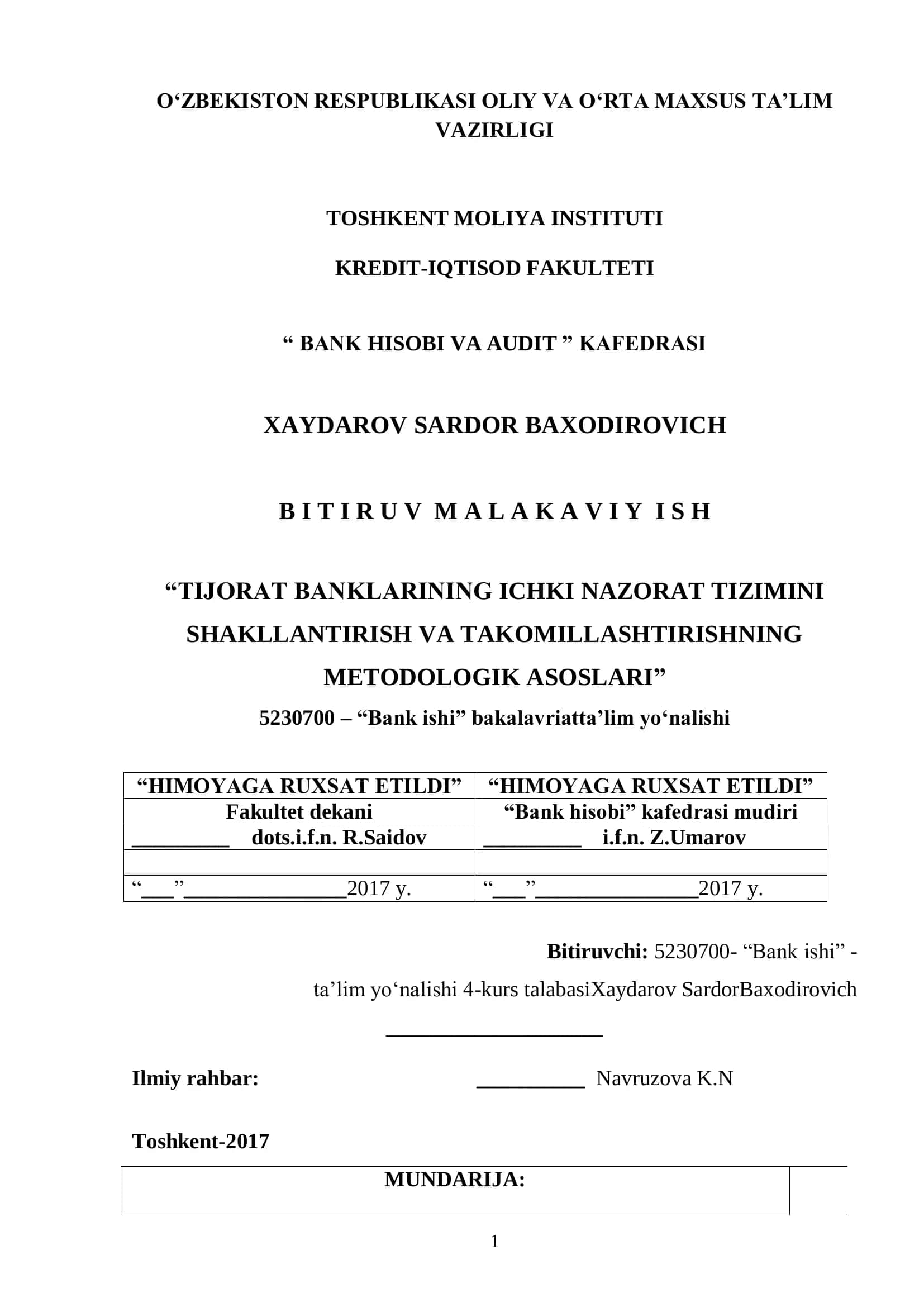 TIJORAT BANKLARINING ICHKI NAZORAT TIZIMINI SHAKLLANTIRISH VA TAKOMILLASHTIRISHNING METODOLOGIK ASOSLARI