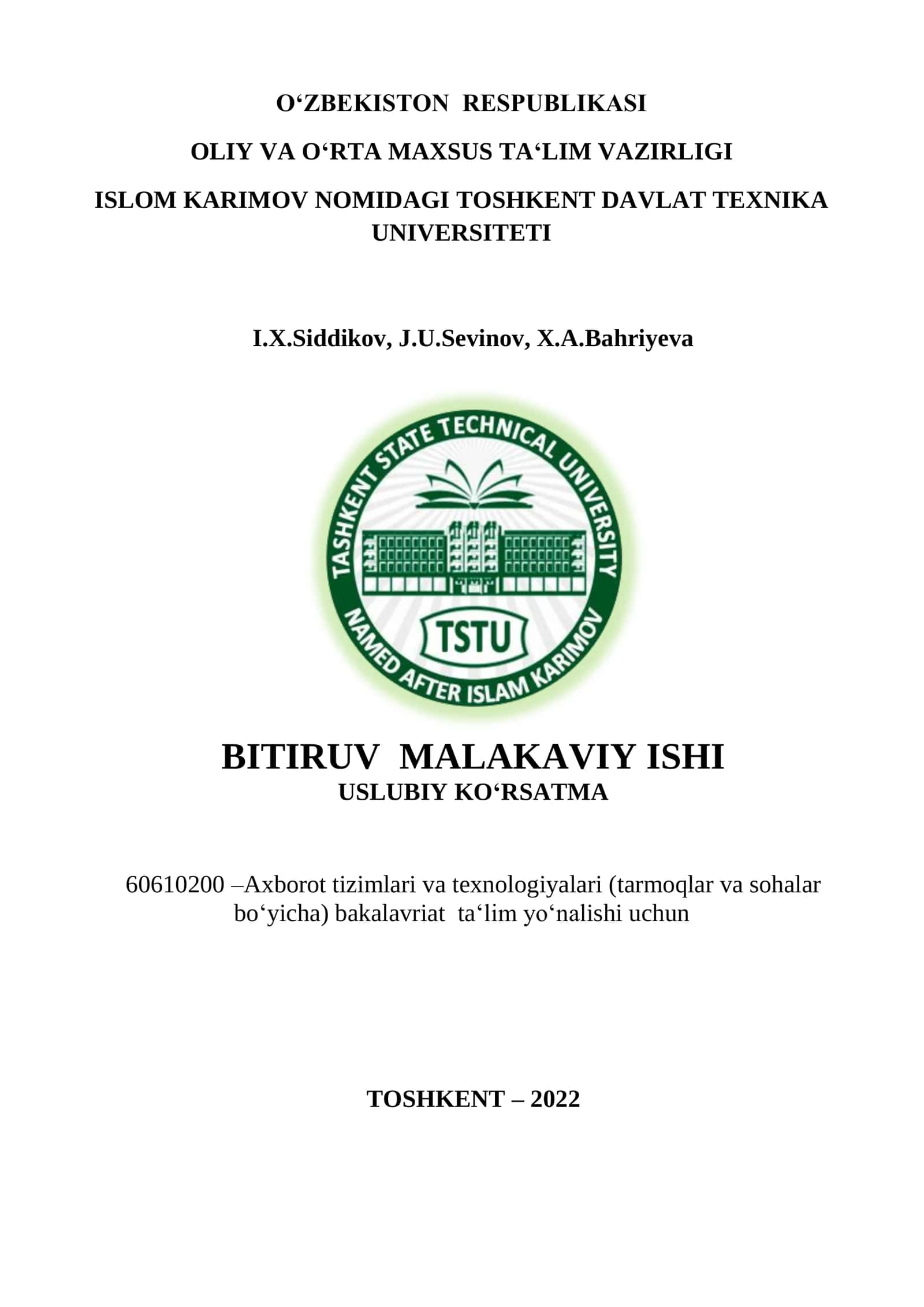 BITIRUV MALAKAVIY ISHI USLUBIY KO'RSATMA