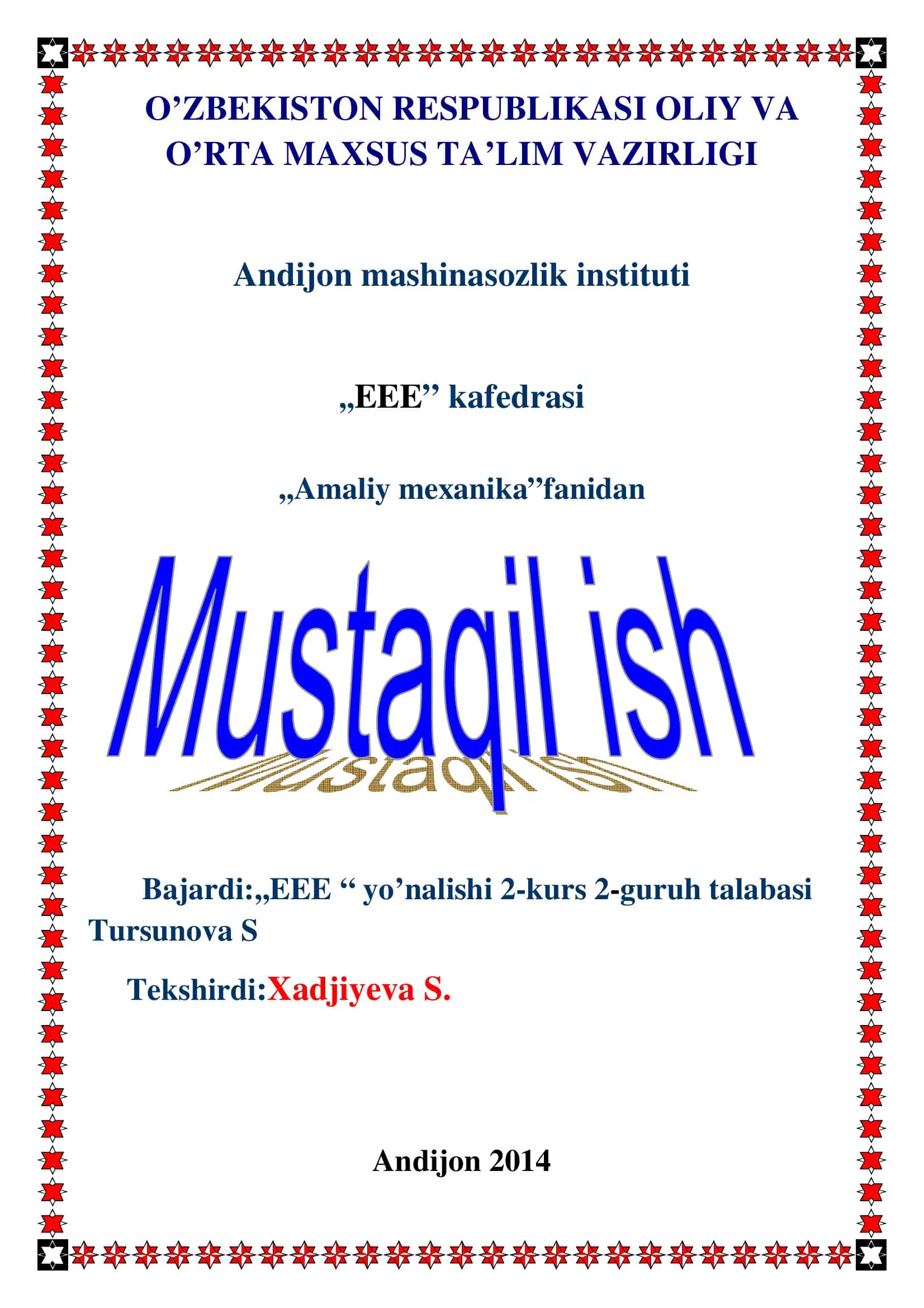 Amaliy mexanika fanidan mustaqil ish mavzulari