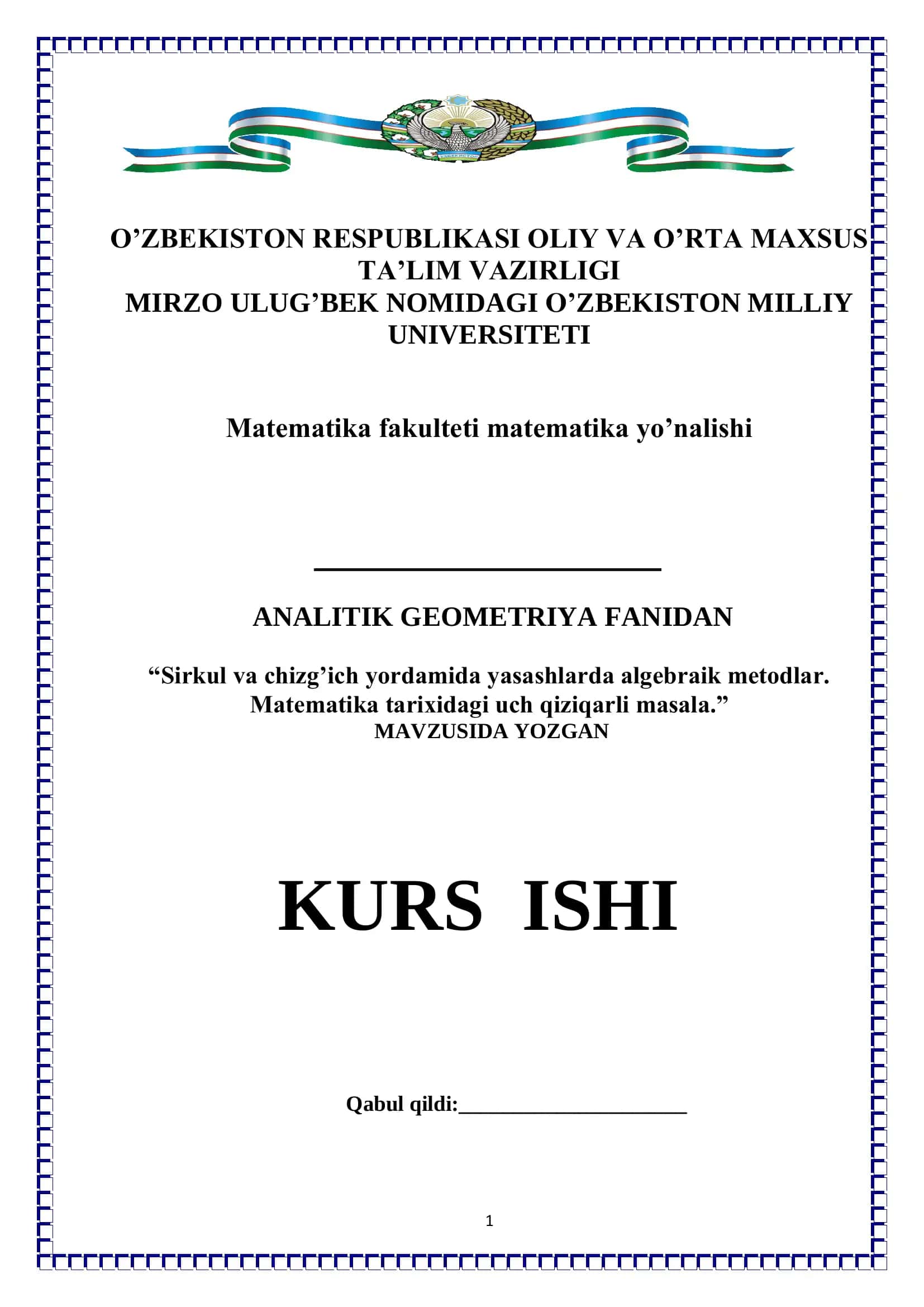 Sirkul va chizg’ich yordamida yasashlarda algebraik metodlar. Matematika tarixidagi uch qiziqarli masala.