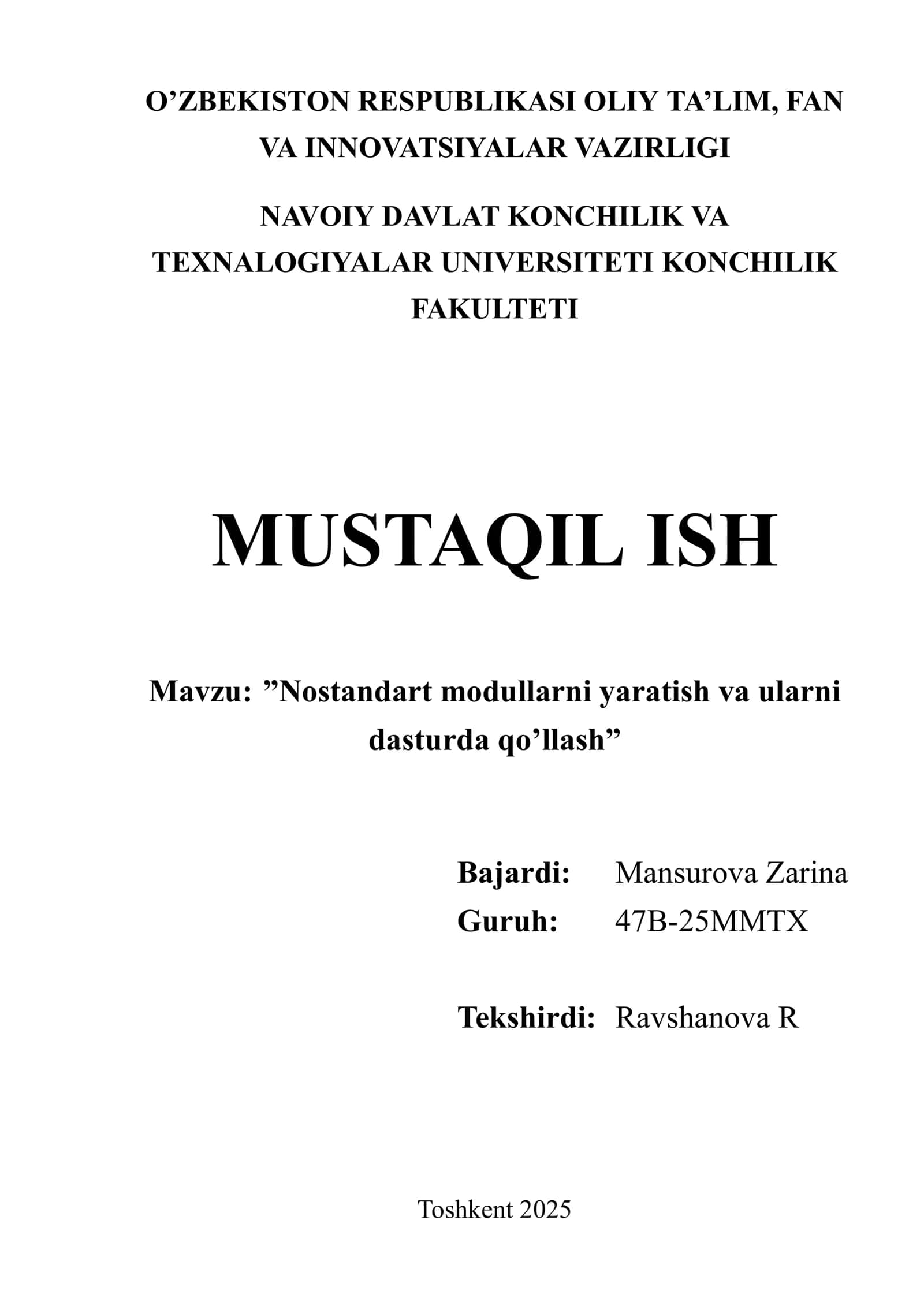 Nostandart modullarni yaratish va ularni dasturda qo’llash