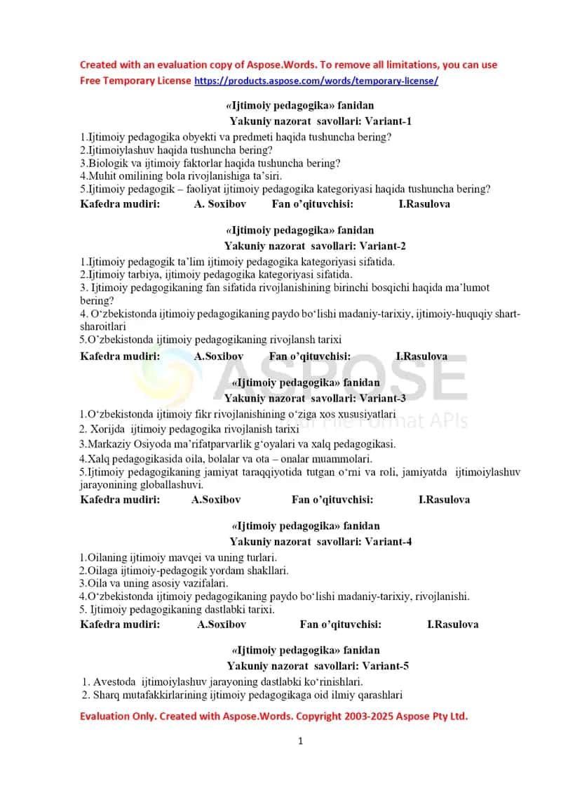 Ijtimoiy pedagogika fanidan yakuniy nazorat savollari (Variant 1–11)