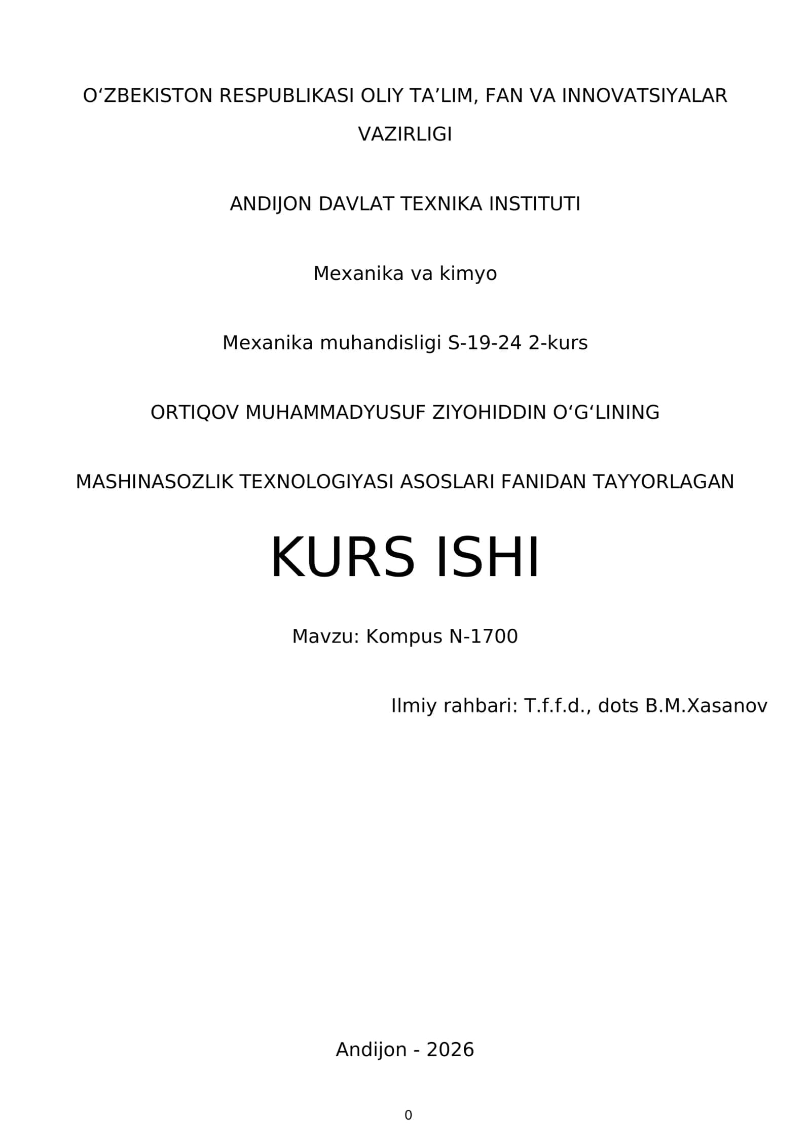 Mashinasozlik Texnologiyasi Asoslari Fanidan Tayyorlagan Kurs Ishi